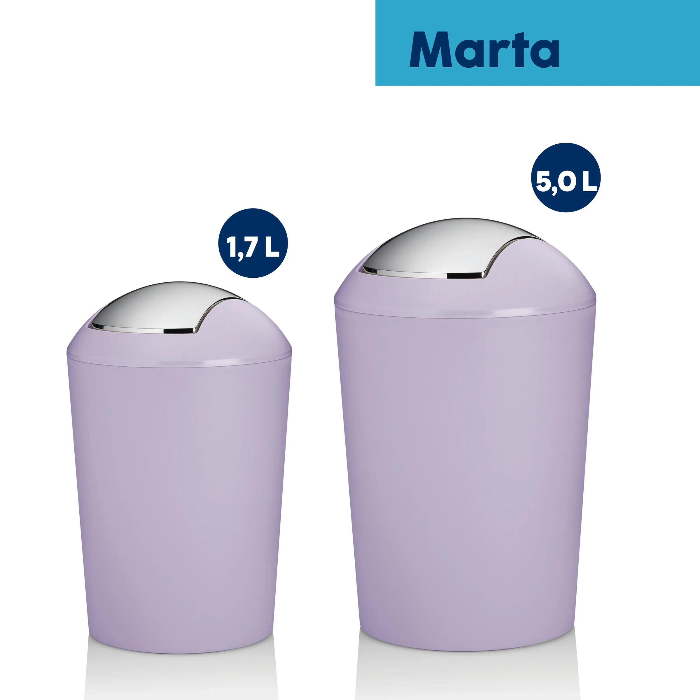 Zwei lilafarbene Marta Schwingdeckeleimer in 1,7 L und 5,0 L Größe mit Chrom-Deckel auf weißem Hintergrund