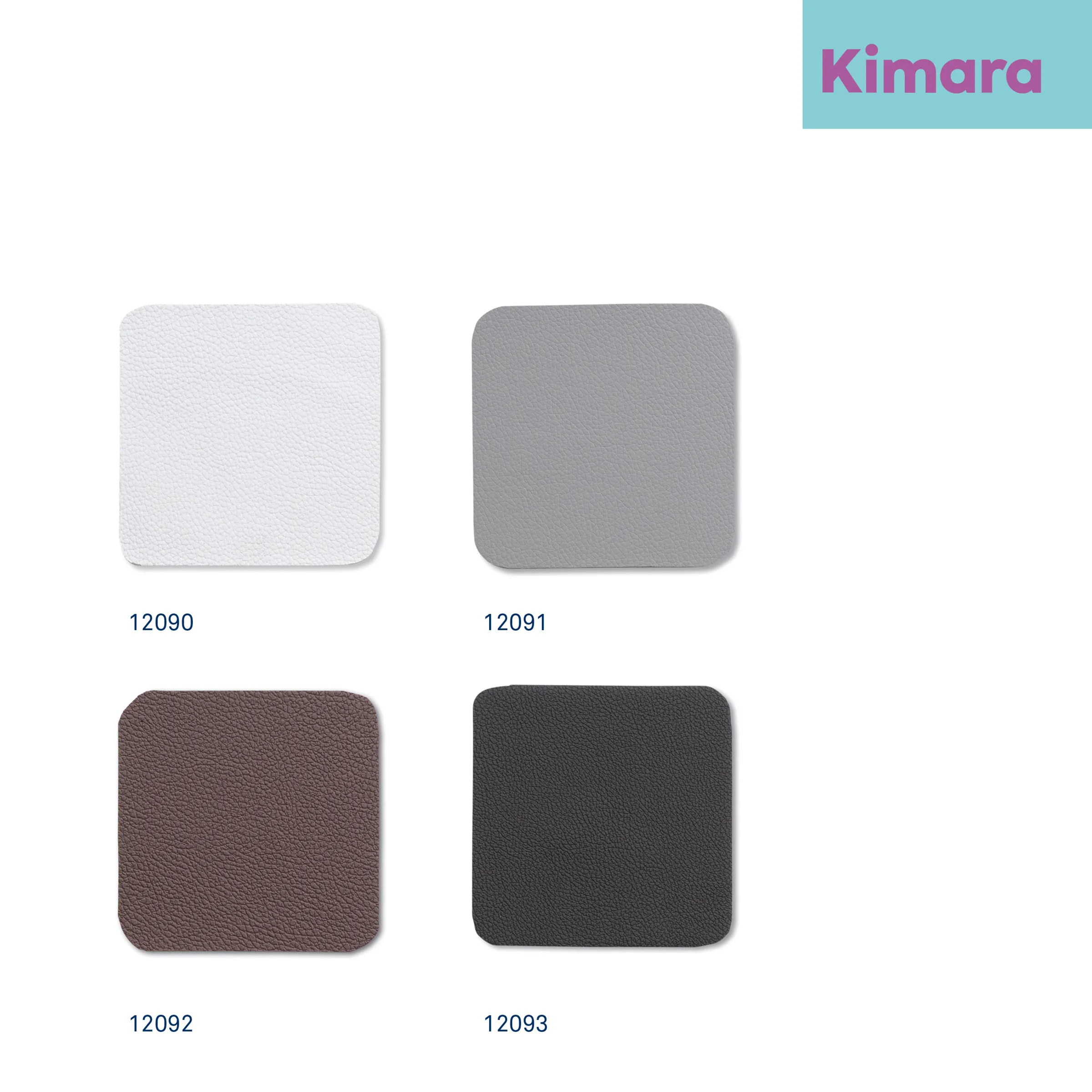 Kimara Materialfarben Muster – Farbauswahl weiß, grau, braun, dunkelgrau Vier Farbmuster von Kimara-Materialien in verschiedenen Farben: weiß, grau, braun und dunkelgrau mit Nummern 12090-12093