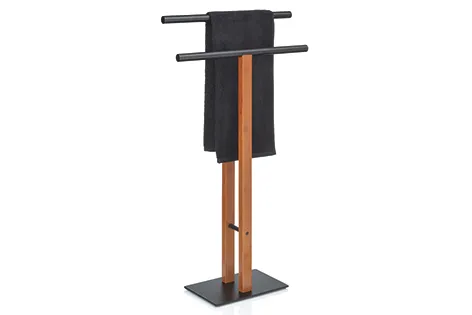 Holz Kleiderständer mit Metallrahmen - Design Garderobenständer Moderner Kleiderständer aus Holz und Metall mit schwarzem Querbalken und Ablage für Handtücher oder Kleidung