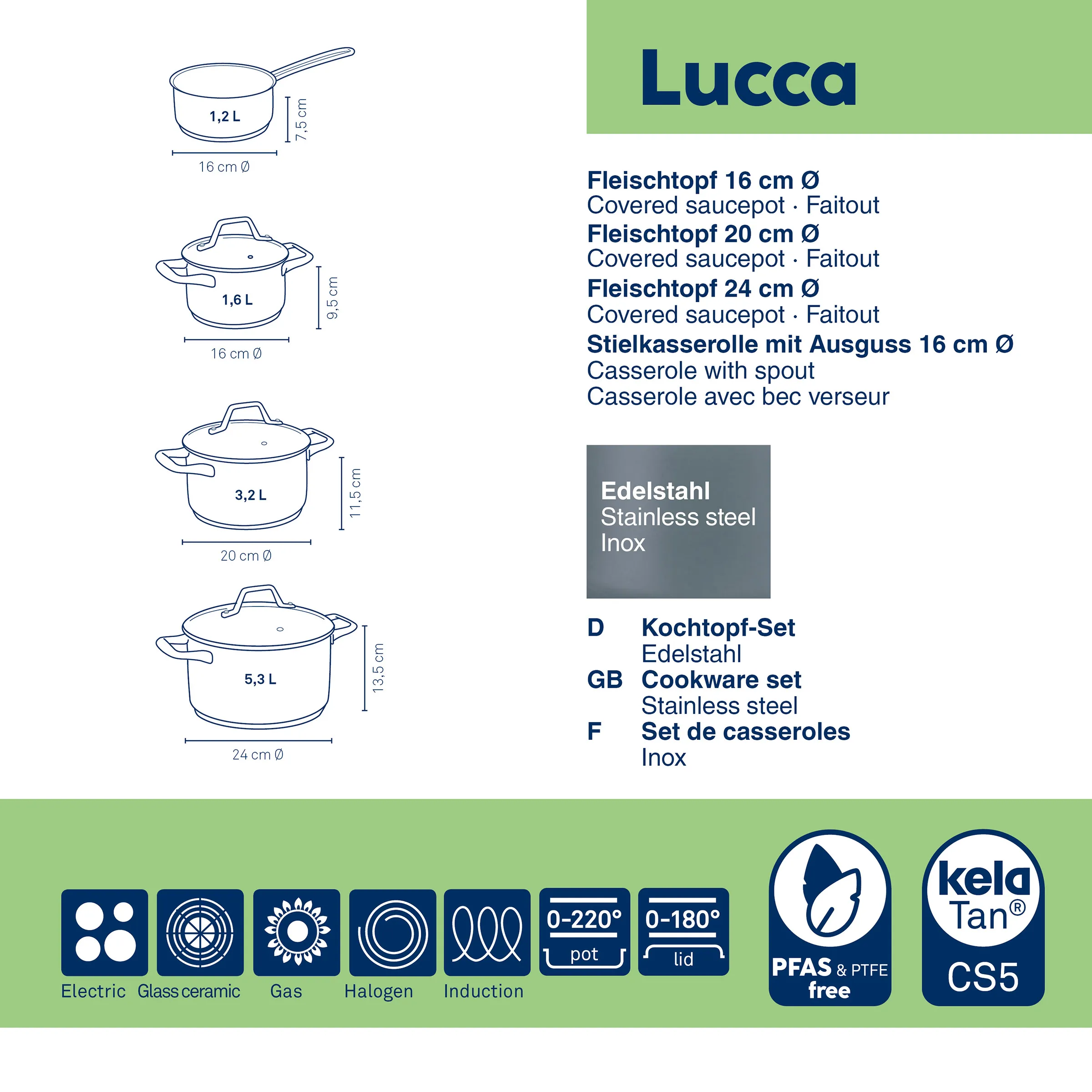 Lucca stainless steel cookware set featuring four covered pots in varying sizes with dimensions and volume specifications marked.