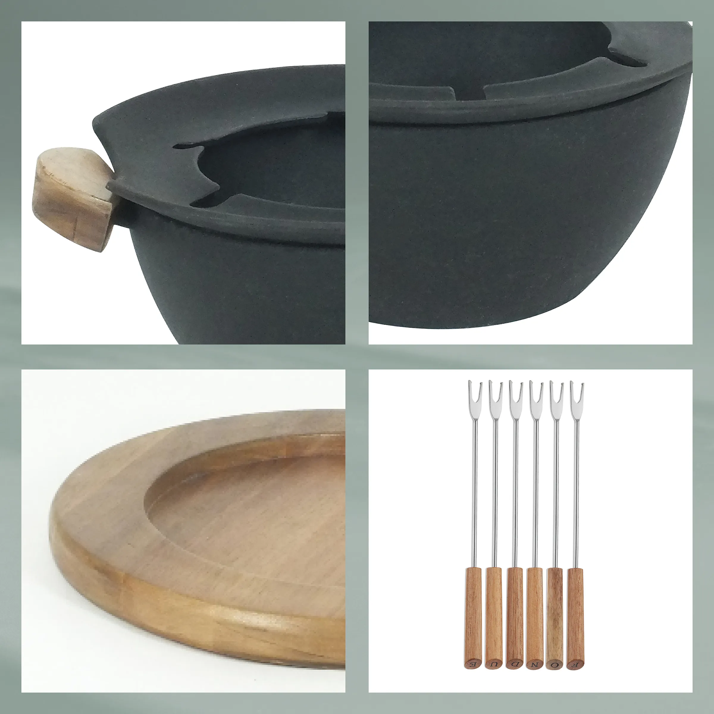 Grillzubehör-Set bestehend aus schwarzem Grillkessel mit Holzgriffen, Holzschale und sechs Fleischgabeln mit Holzgriffen