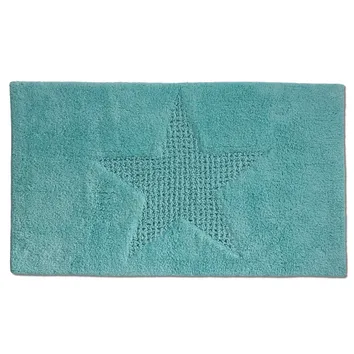Türkisfarbene Badematte mit Seestern-Motif aus weichem Textil auf weißem Hintergrund