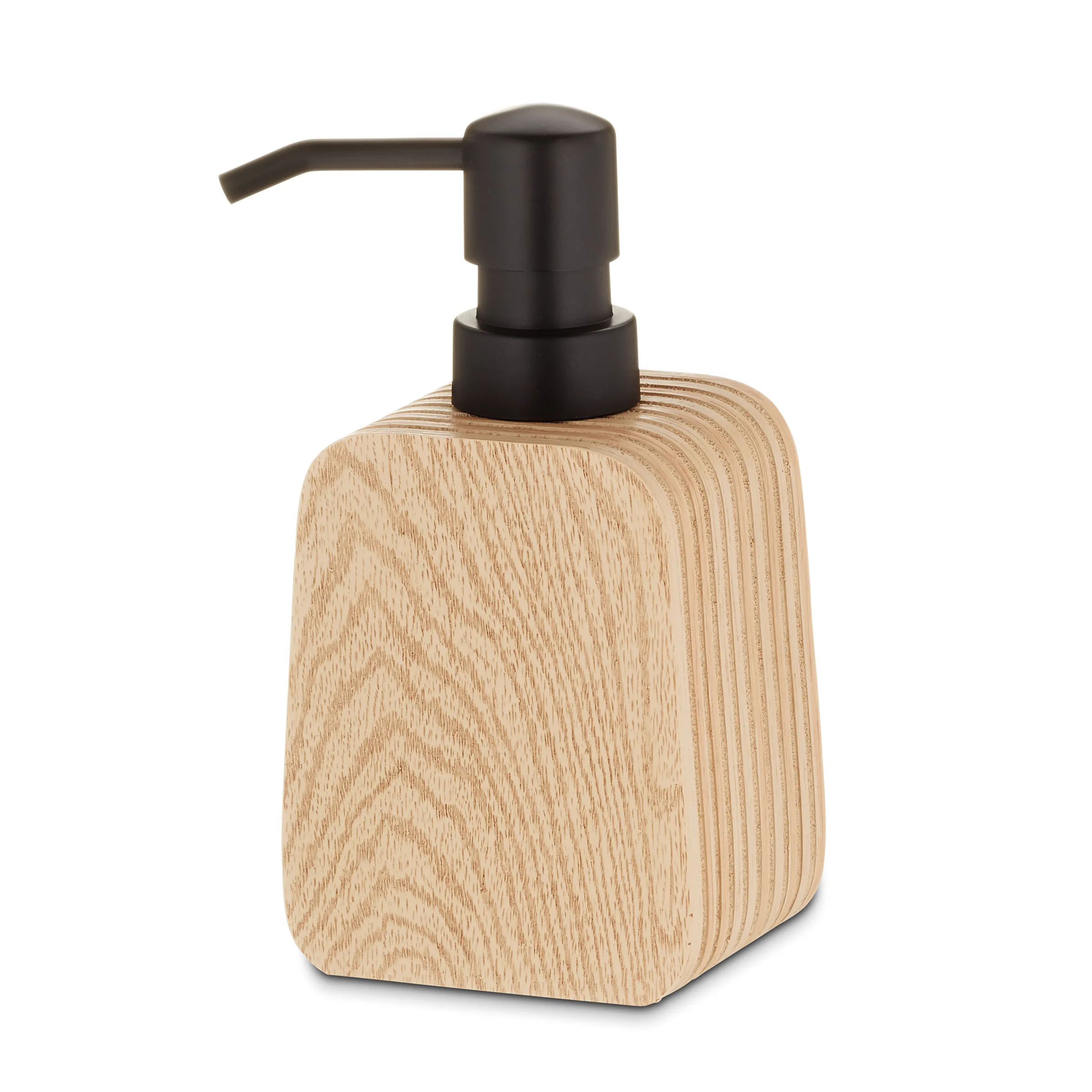 Seifenspender aus Holz mit schwarzer Pumpe, quadratische Form mit natürlicher Holzmaserung