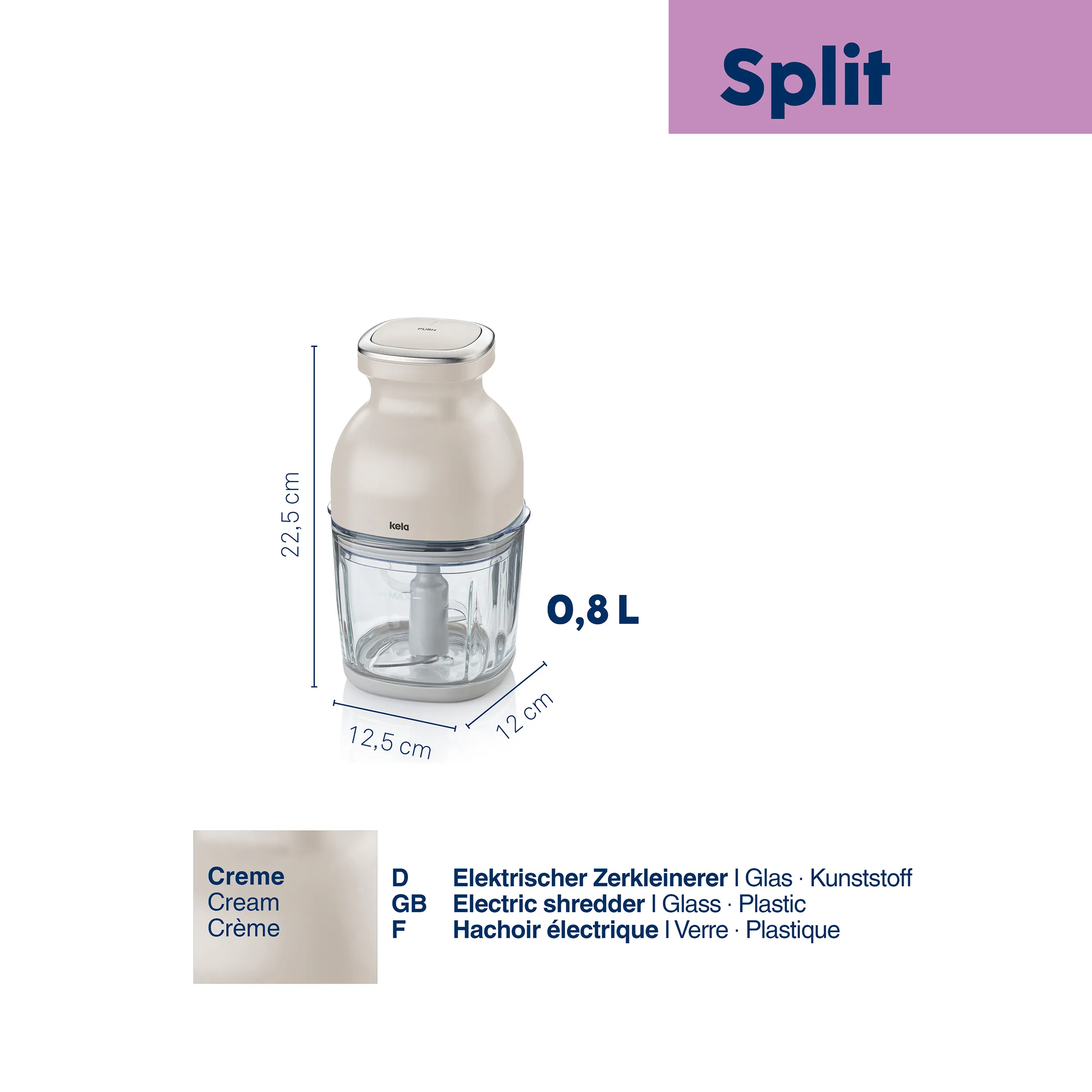 Elektrischer Zerkleinerer Split 0,8L - Kompakter Mixer Creme-farbener elektrischer Zerkleinerer Split von laela mit 0,8L Glaskrug, Abmessungen 22,5cm x 12,5cm x 12,9cm
