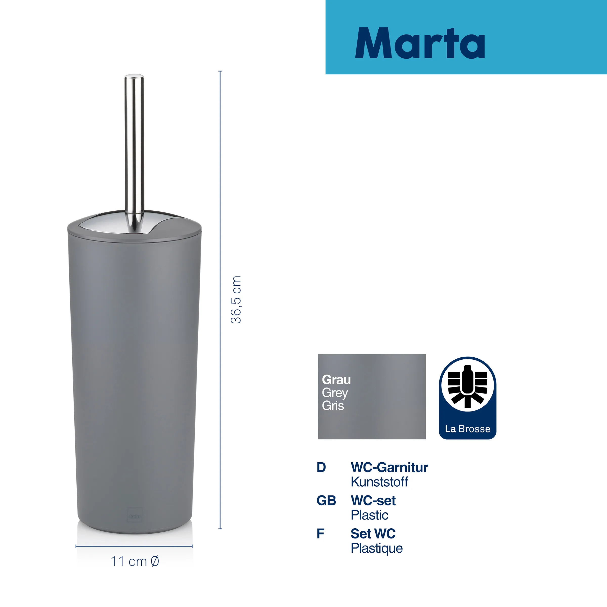 Graue Toilettenbürste Marta von La Brosse mit Kunststoffgarnitur, Höhe 36,5 cm, Durchmesser 11 cm