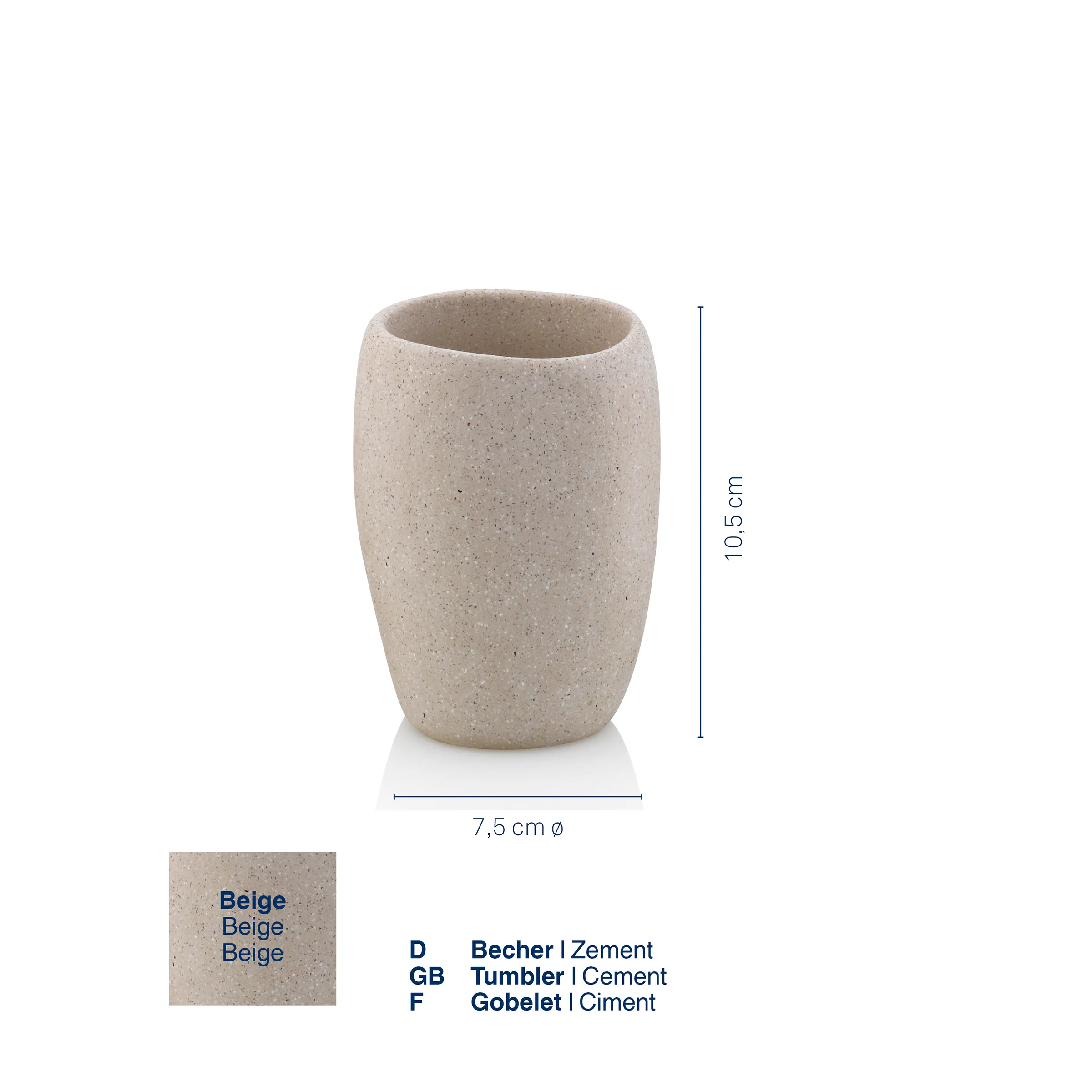 Becher Zement Beige - Zahnputzbecher Badezimmer 10,5 cm Beiger Becher aus Zement, 10,5 cm hoch und 7,5 cm Durchmesser, auf weißem Hintergrund mit Maßangaben