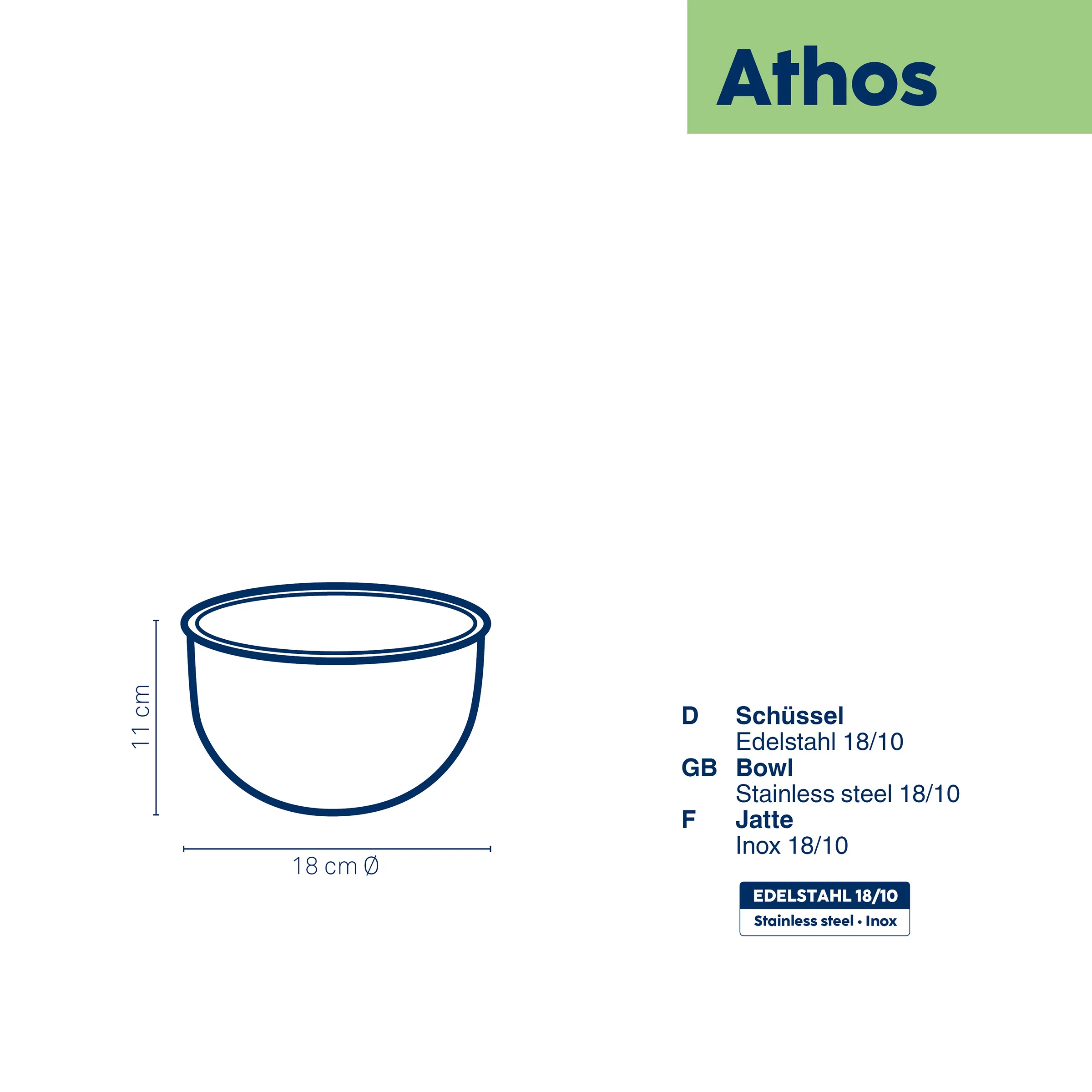 Edelstahl Schüssel 18/10 - Athos Küchenschüssel Edelstahl-Schüssel Athos mit 18 cm Durchmesser und 11 cm Höhe, technische Zeichnung mit Maßangaben