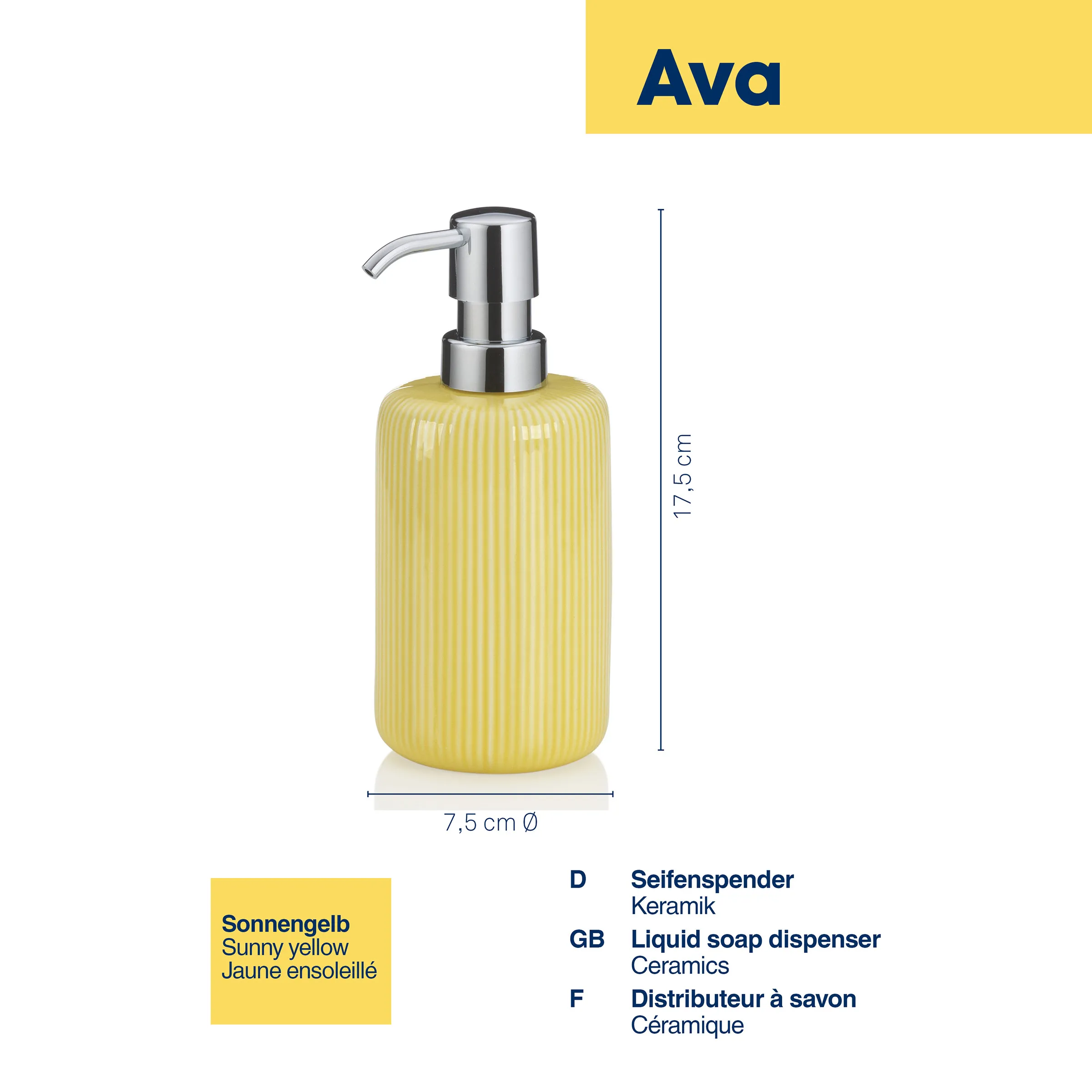 Ava Seifenspender Keramik Sonnengelb Gelber Keramik-Seifenspender Ava mit Metallpumpe, 7,5 cm Durchmesser, 17,5 cm Höhe