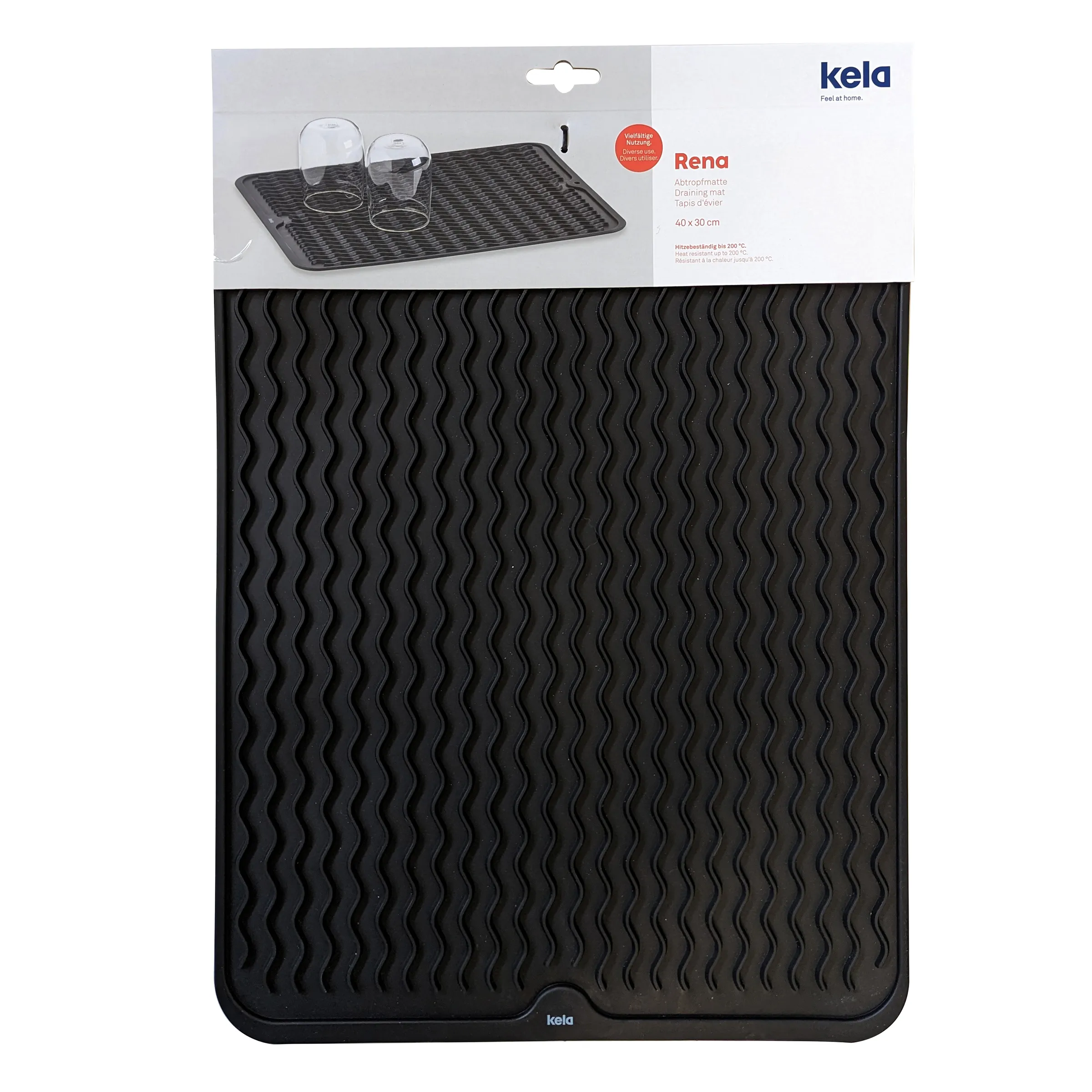 Kela Rena Abtropfmatte 40x30 cm - Drainagenmatte Schwarze Kela Rena Abtropfmatte mit welligem Muster, 40x30 cm, mit Verpackung und zwei Gläsern.