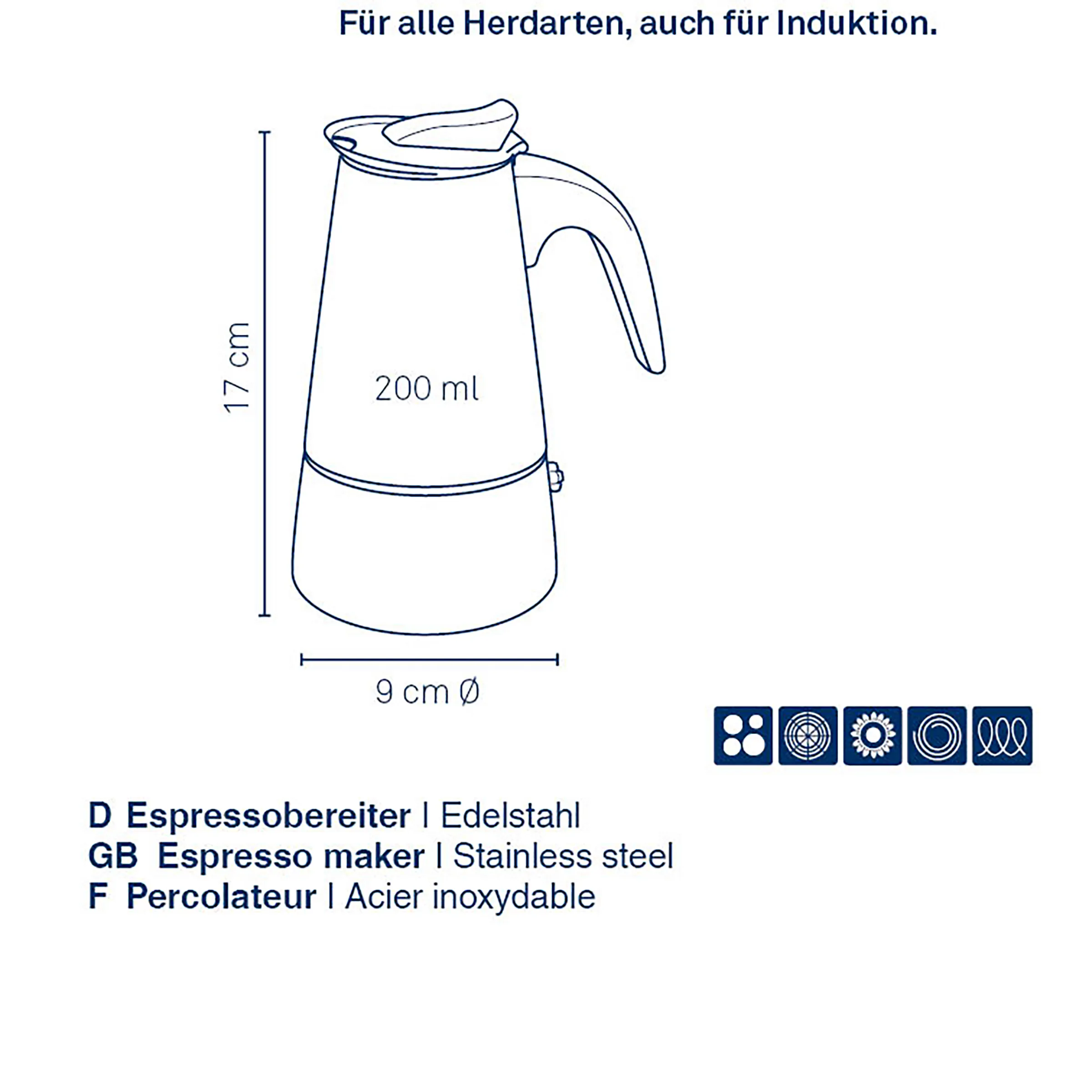 Espressobereiter Edelstahl 200ml - Für alle Herdarten auch Induktion Espressobereiter aus Edelstahl, 200ml, 17cm hoch, 9cm Durchmesser, für alle Herdarten inkl. Induktion