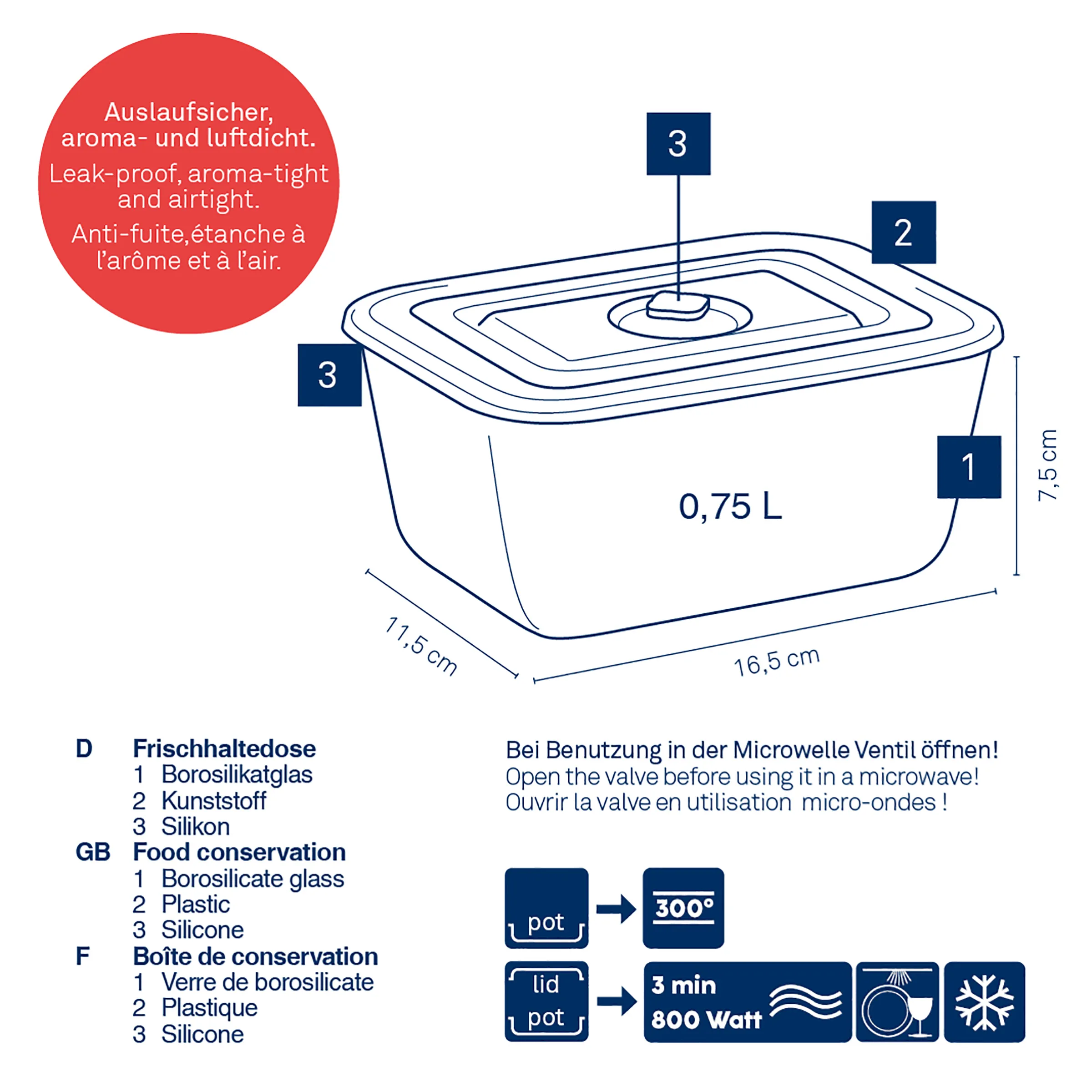Frischhaltedose Glas luftdicht - Borosilikat 0,75L Frischhaltedose aus Borosilikatglas mit Kunststoffdeckel und Silikonrand, 0,75 L Volumen, 16,5 x 11,5 cm, luftdicht und aromadicht verschlossen.