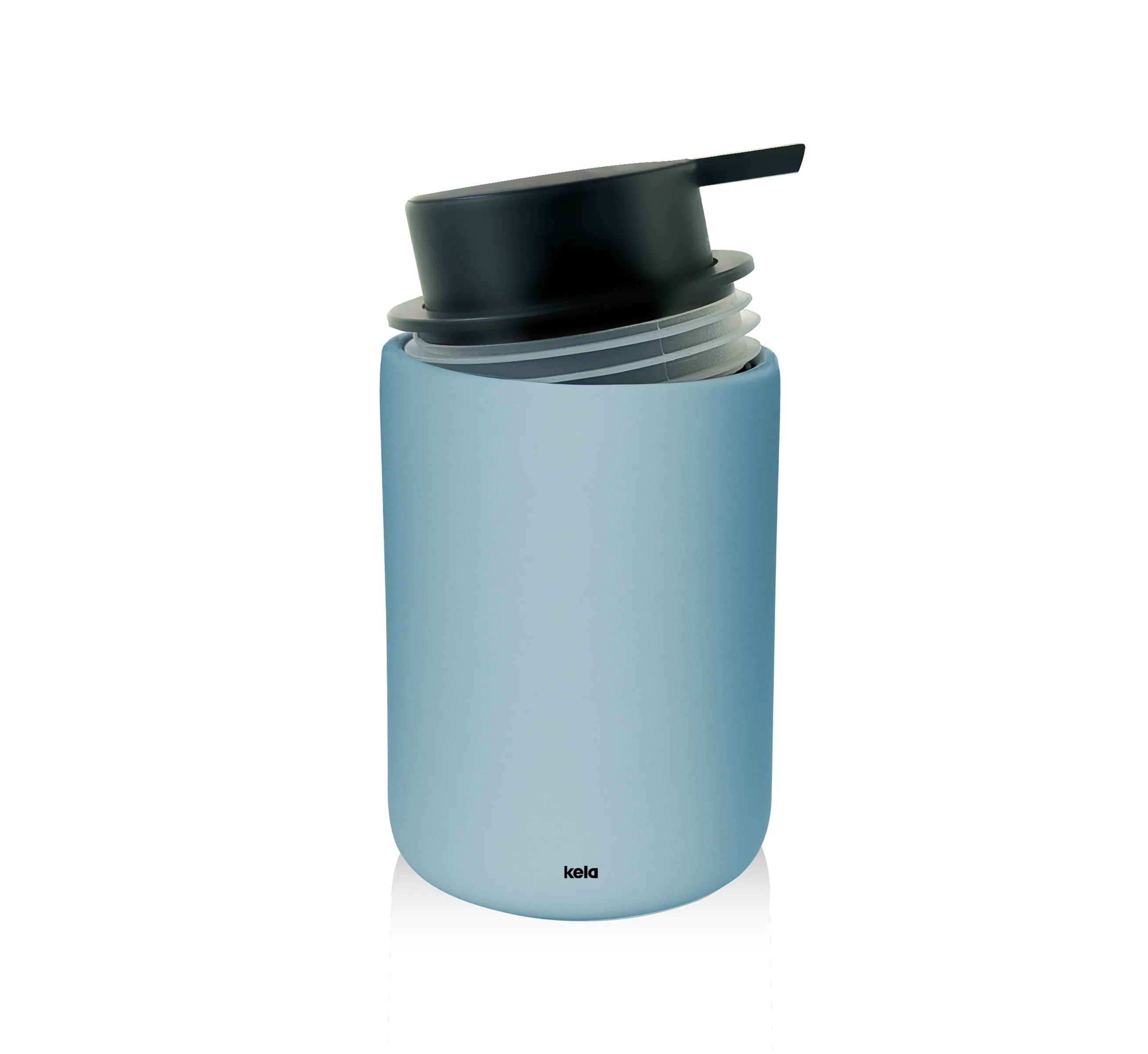 Seifenspender blau - moderner Badaccessoire mit Pumpe Hellblauer Seifenspender mit schwarzem Pumpenkopf und grauem Innenbehälter, Marke kela