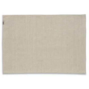 Beige Leinentischset aus natürlicher Baumwolle mit feiner Webstruktur und dunkelbrauner Einfassung.