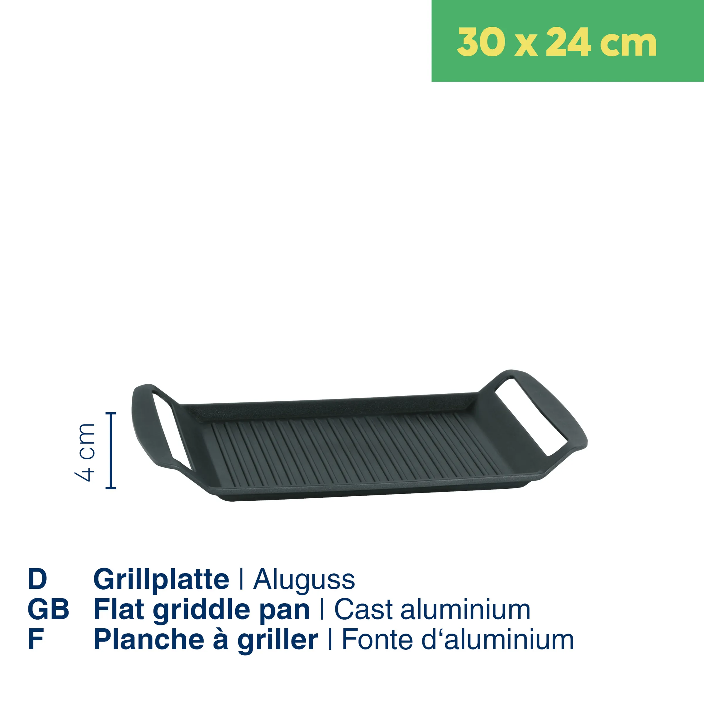 Grillplatte Aluguss 30x24 cm mit Griffen - Flache Grillpfanne Schwarze Aluguss-Grillplatte mit zwei Griffen, 30 x 24 cm, gerillte Oberfläche, vor weißem Hintergrund