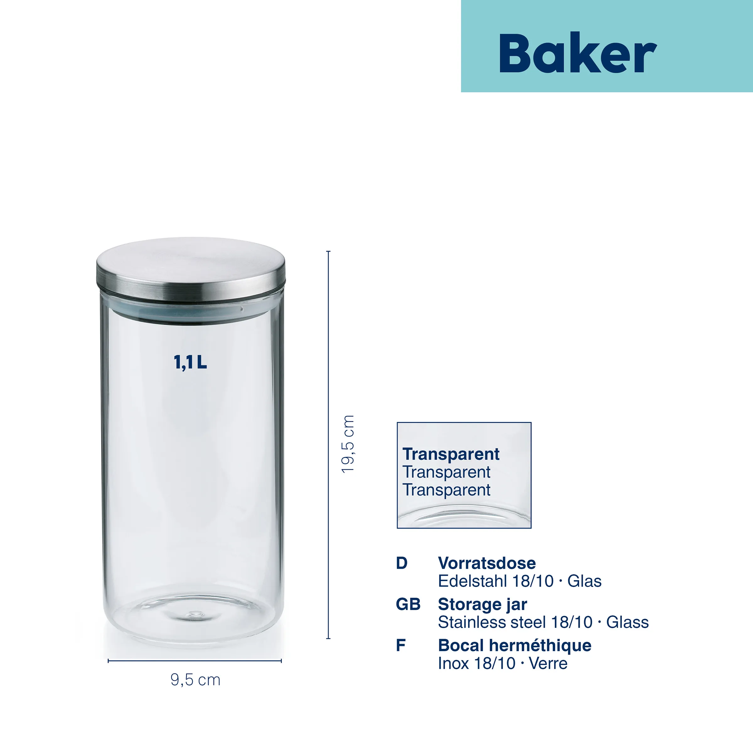 Baker Vorratsglas 1,1L Edelstahl - Transparenter Behälter Transparenter Glasbehälter Baker mit Edelstahldeckel, 1,1 Liter Fassungsvermögen, 19,5 cm hoch und 9,5 cm Durchmesser