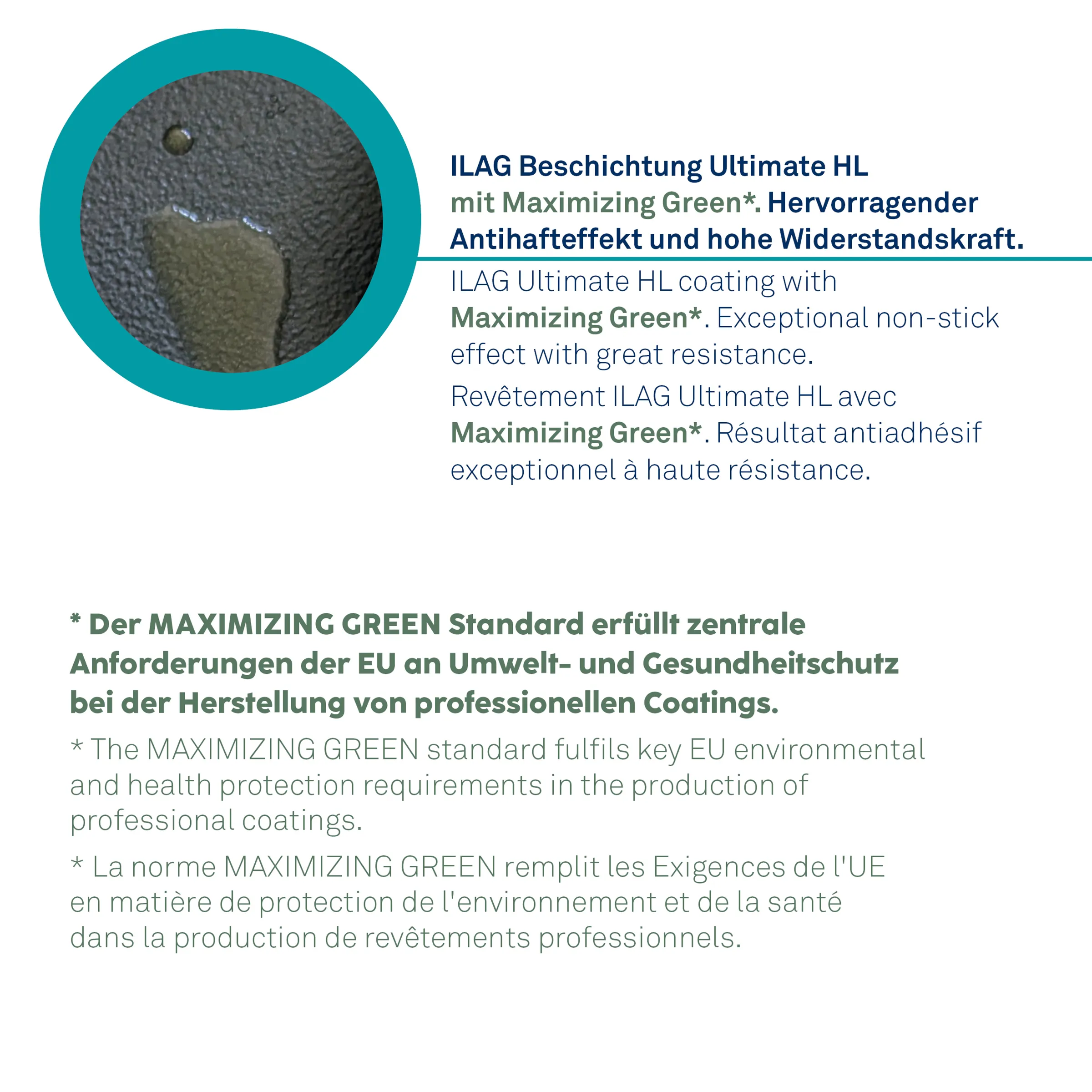 ILAG Ultimate HL Beschichtung mit grüner Markierung auf dunkler Oberfläche, zeigt Antihafteffekt