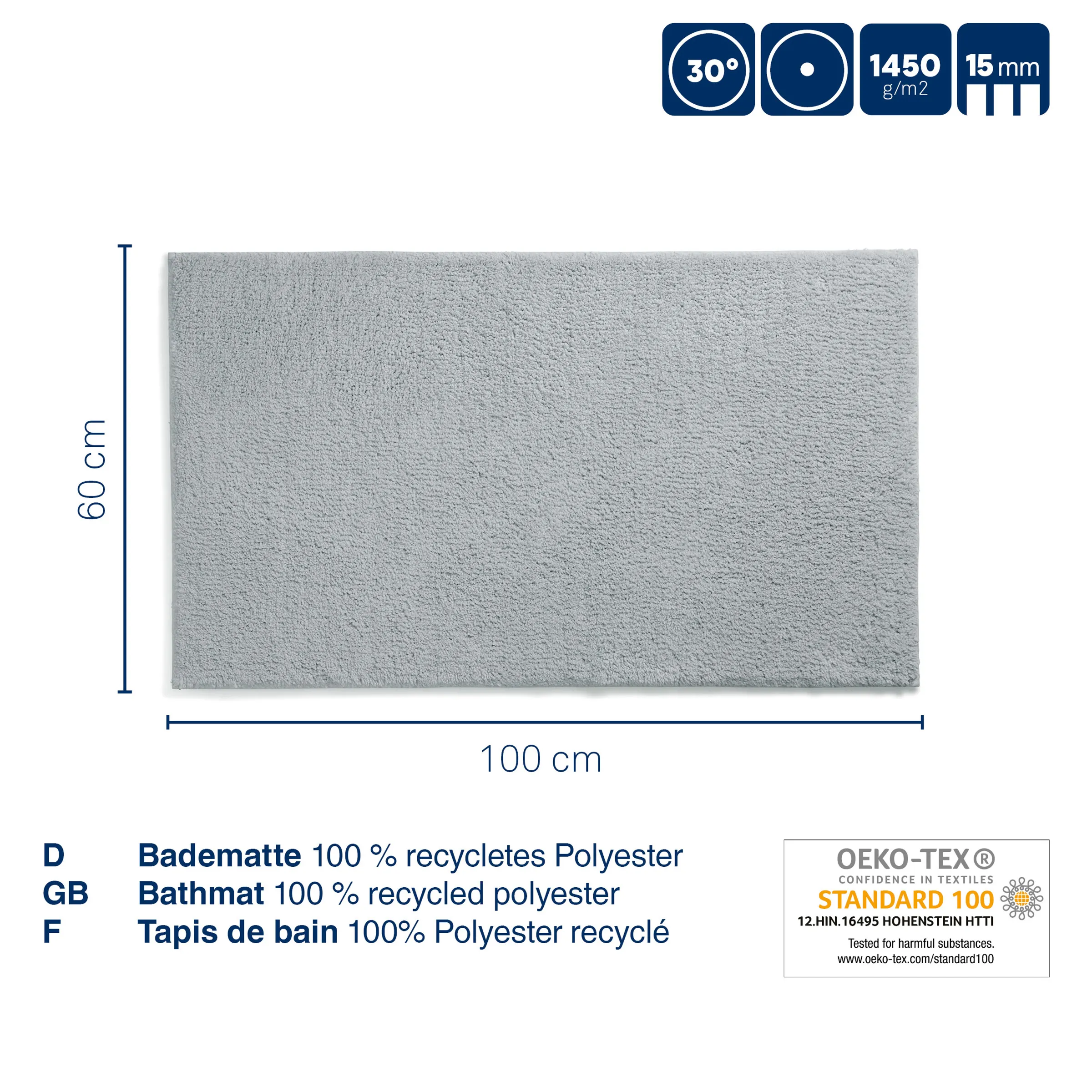 Badematte recycelt Polyester 100x60 cm Graue Badematte aus 100% recyceltem Polyester, 100 cm breit und 60 cm hoch, mit Oeko-Tex Standard 100 Zertifikat