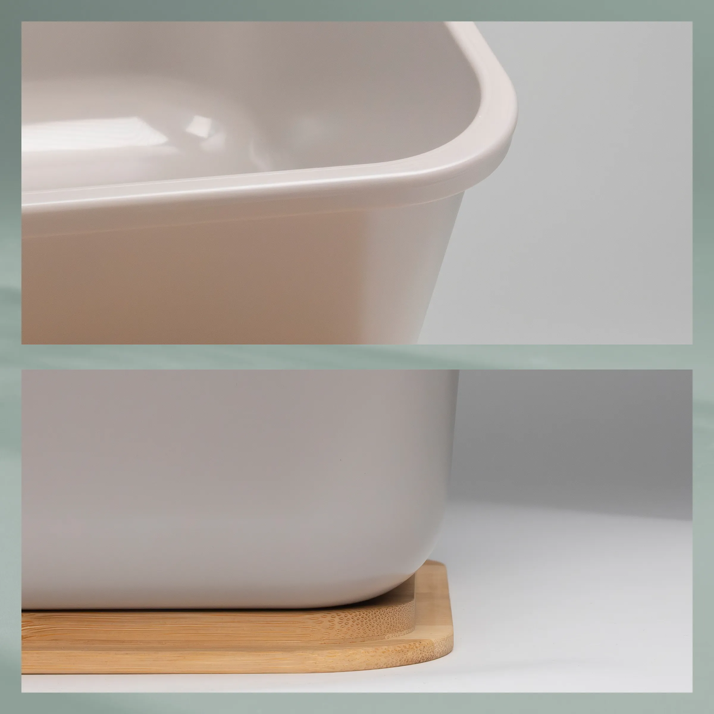 Weiße Keramikschale mit Holzuntersetzer - Minimalistisches Geschirr Weiße Keramikschale mit geschwungenen Rändern auf Holzuntersetzer, minimalistisches Design
