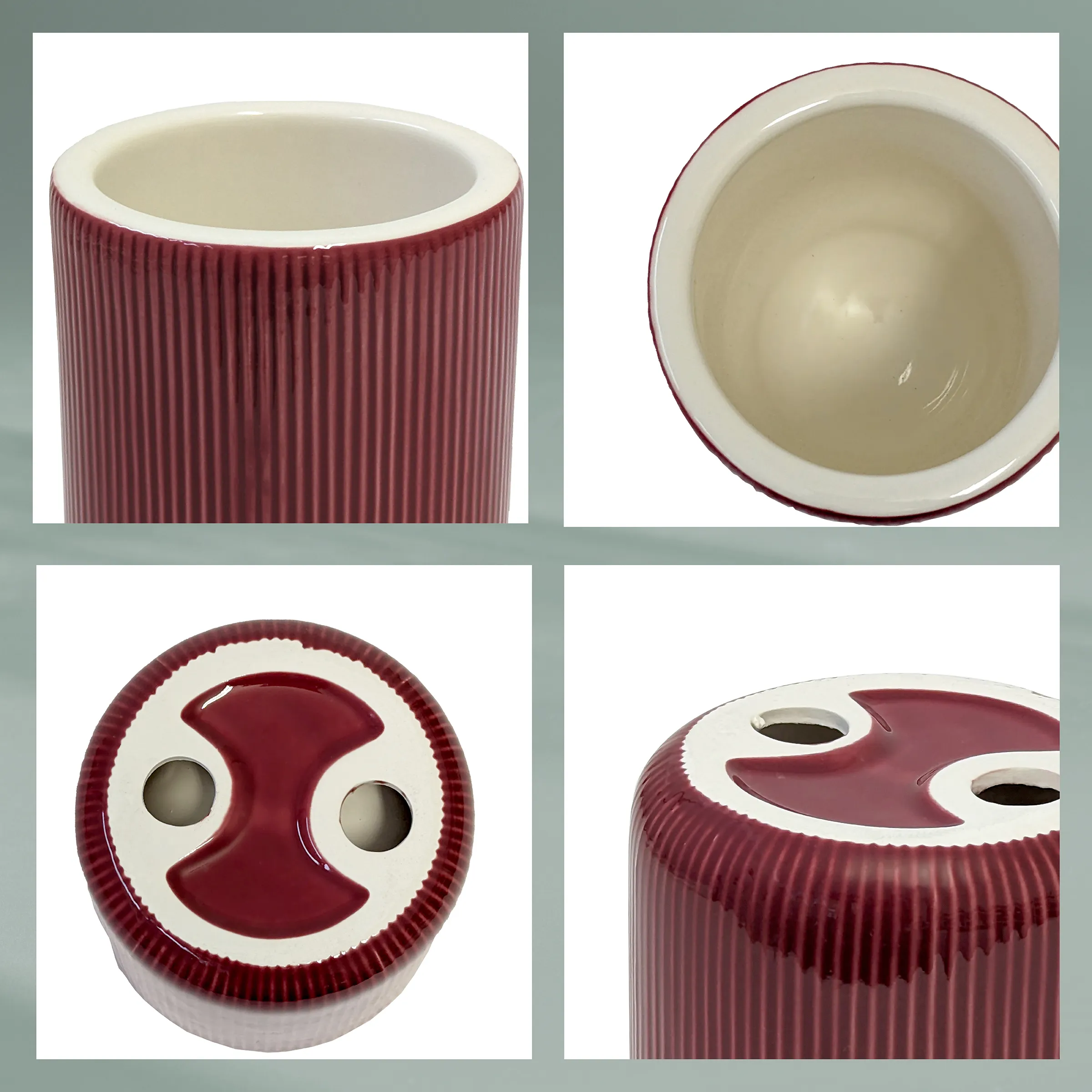 Zahnbürstenhalter Bordeauxrot mit gerillter Keramikoberfläche - Badezimmer Accessoire Bordeauxroter Zahnbürstenhalter mit gerillter Oberfläche und cremefarbener Innenseite, Ansichten von außen und innen