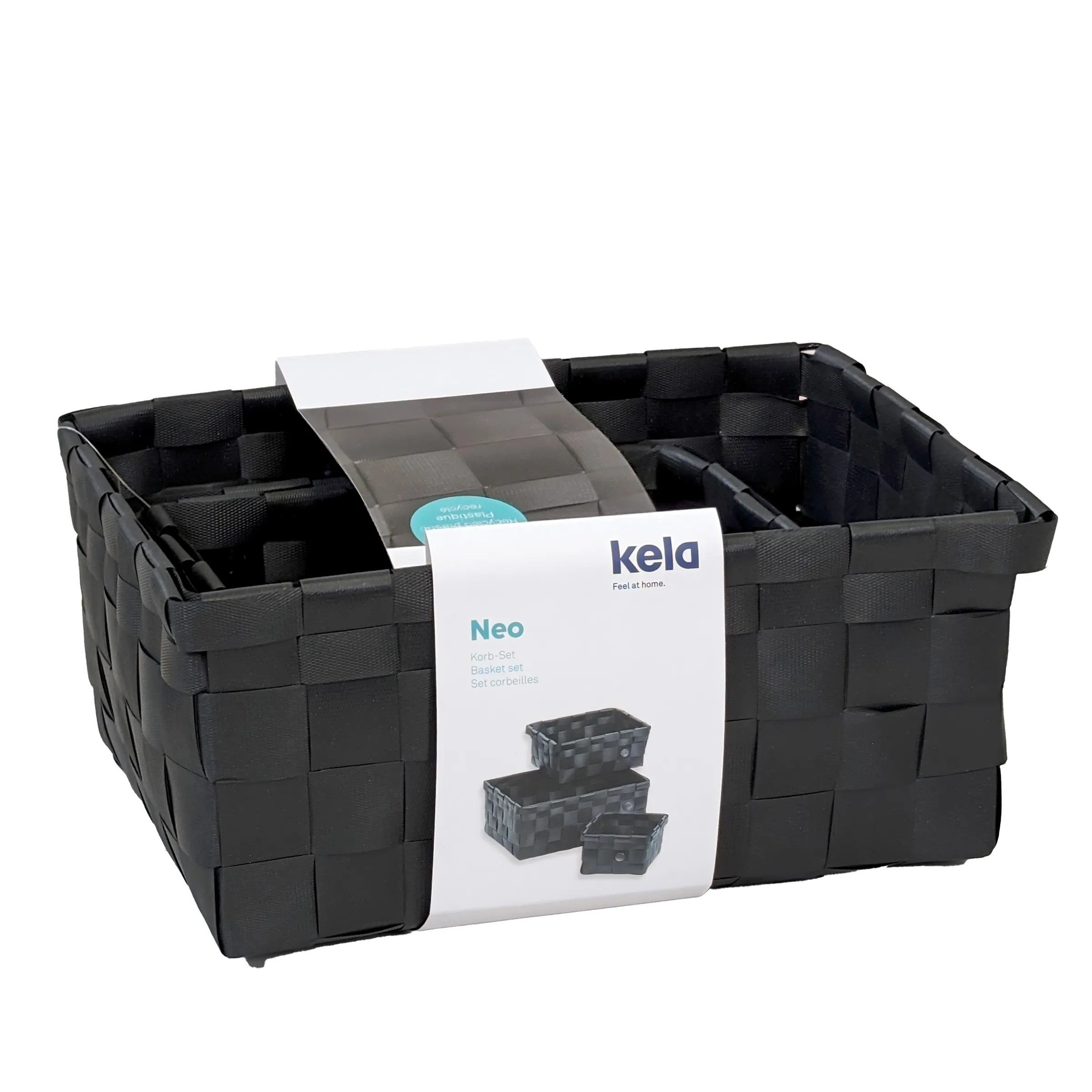 Kela Neo Korb-Set schwarz - 3-teiliges Aufbewahrungskorb-Set aus Kunststoffgeflecht Kela Neo Korb-Set aus schwarzem Kunststoffgeflecht mit Produktverpackung, drei stapelbare Aufbewahrungskörbe