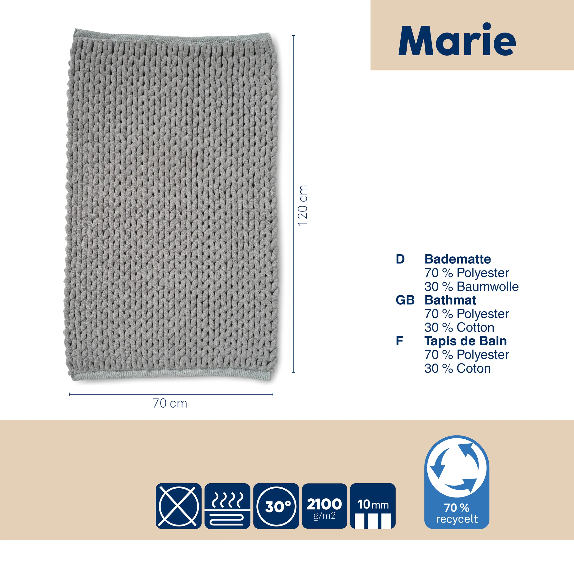 Badematte Marie grau 70x120cm – 70% recycelt, Polyester-Baumwolle-Mix Graue Badematte Marie 70x120cm, 70% Polyester 30% Baumwolle, 2100g/m², 10mm hoch, waschbar bei 30°, recycelt