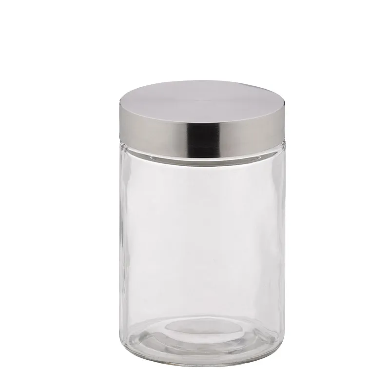 Glaskanne mit Metalldeckel - Vorratsbehälter Transparente Vorratsdose aus Glas mit silbernem Metalldeckel, zylindrische Form, leeres Behältnis