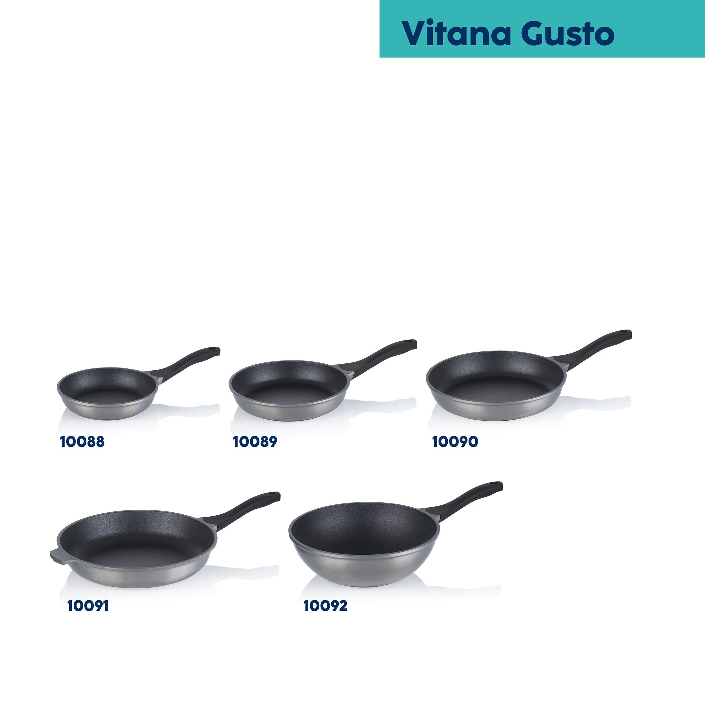 Vitana Gusto Bratpfannen-Set - Antihaftbeschichtete Pfannen in 5 Größen Vitana Gusto Bratpfannen-Set in fünf Größen mit Antihaftbeschichtung und schwarzen Griffen