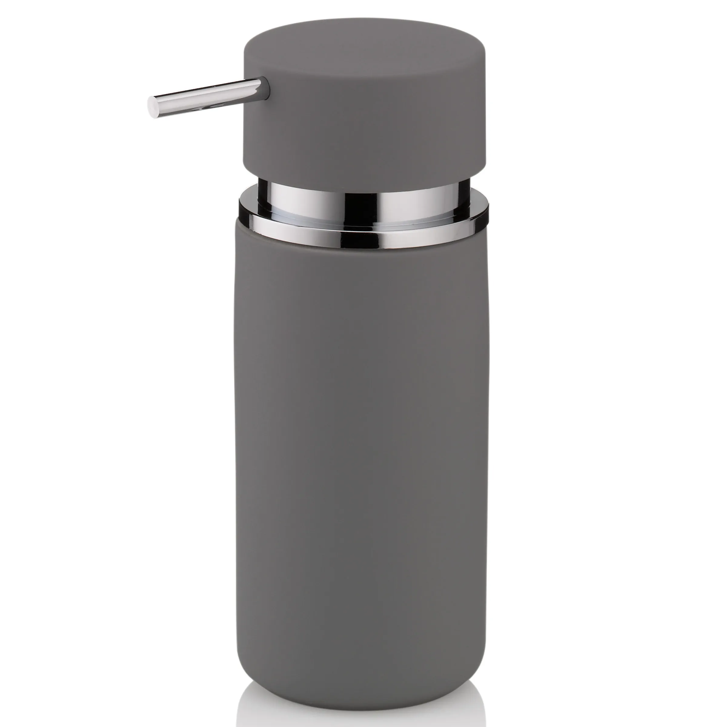 Grauer Seifenspender mit Metallpumpe und glänzendem Chromring, modernes Design für Badezimmer