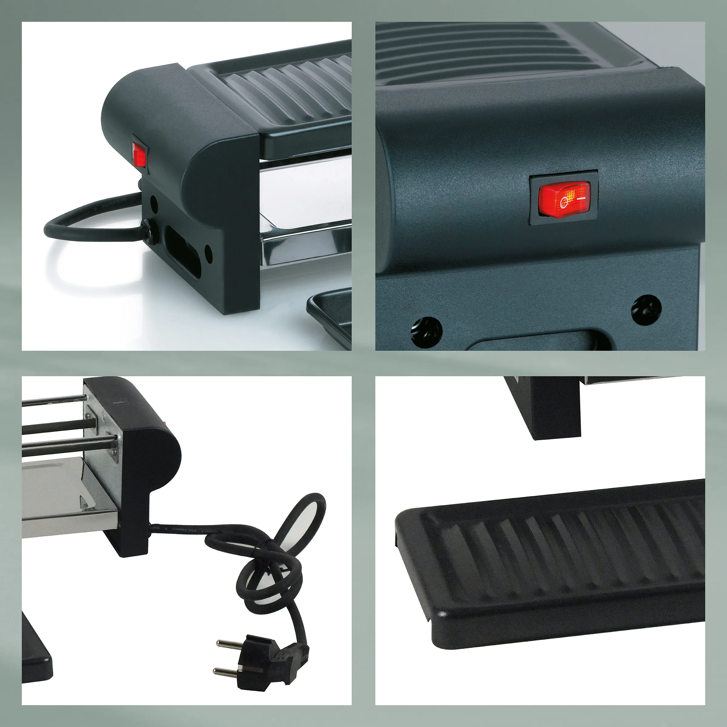 Raclette-Grill elektrisch mit Antihaftbeschichtung und Grillpfännchen Elektrischer Raclette-Grill mit herausnehmbaren Pfännchen und Ein-/Aus-Schalter in anthrazit