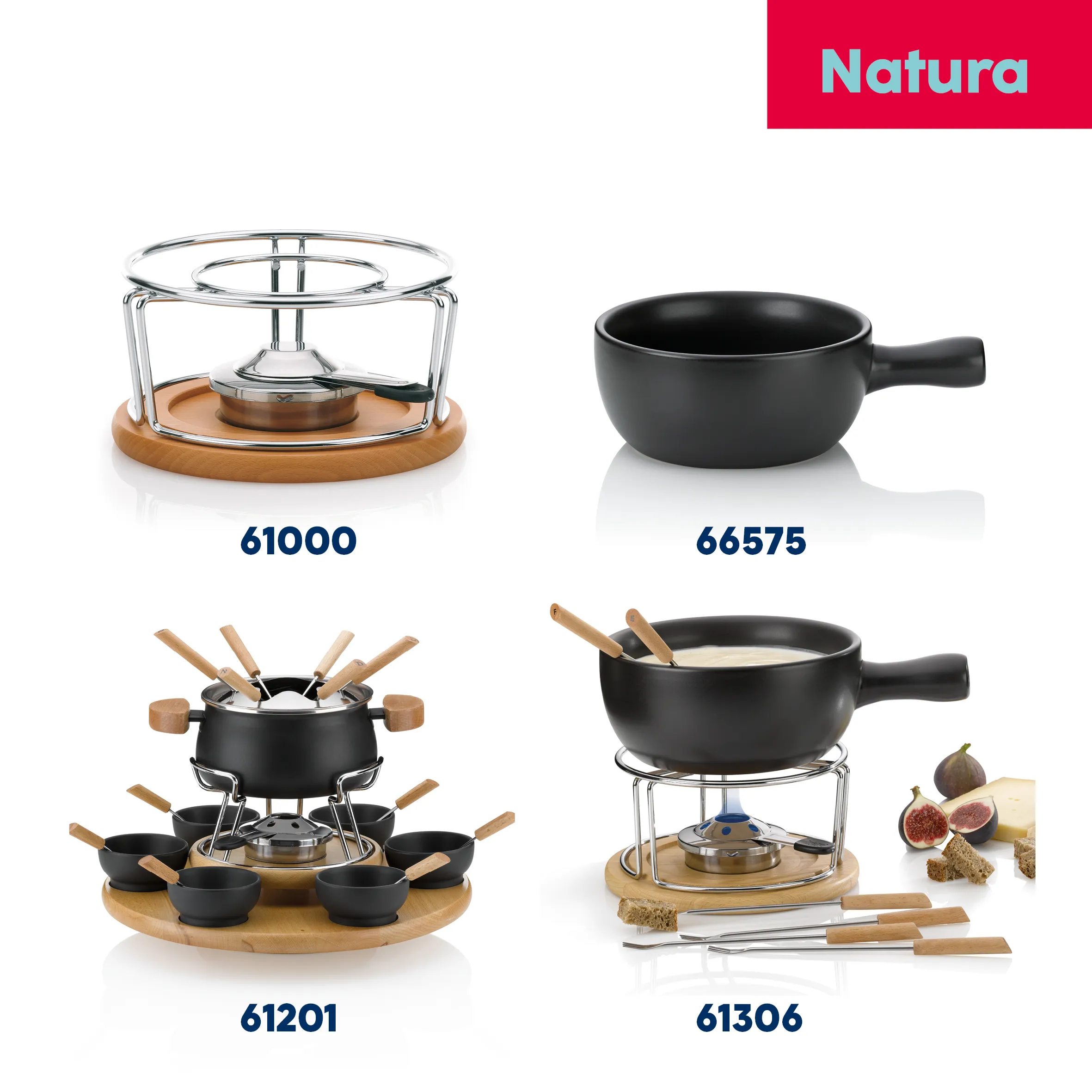 Natura Fondue Sets - Schwarze Keramik Fondue Töpfe Natura Fondue-Sets: Glastopf mit Holzsockel, schwarze Keramiktöpfe mit Holzgriffen und Zubehör auf Holzbrettern