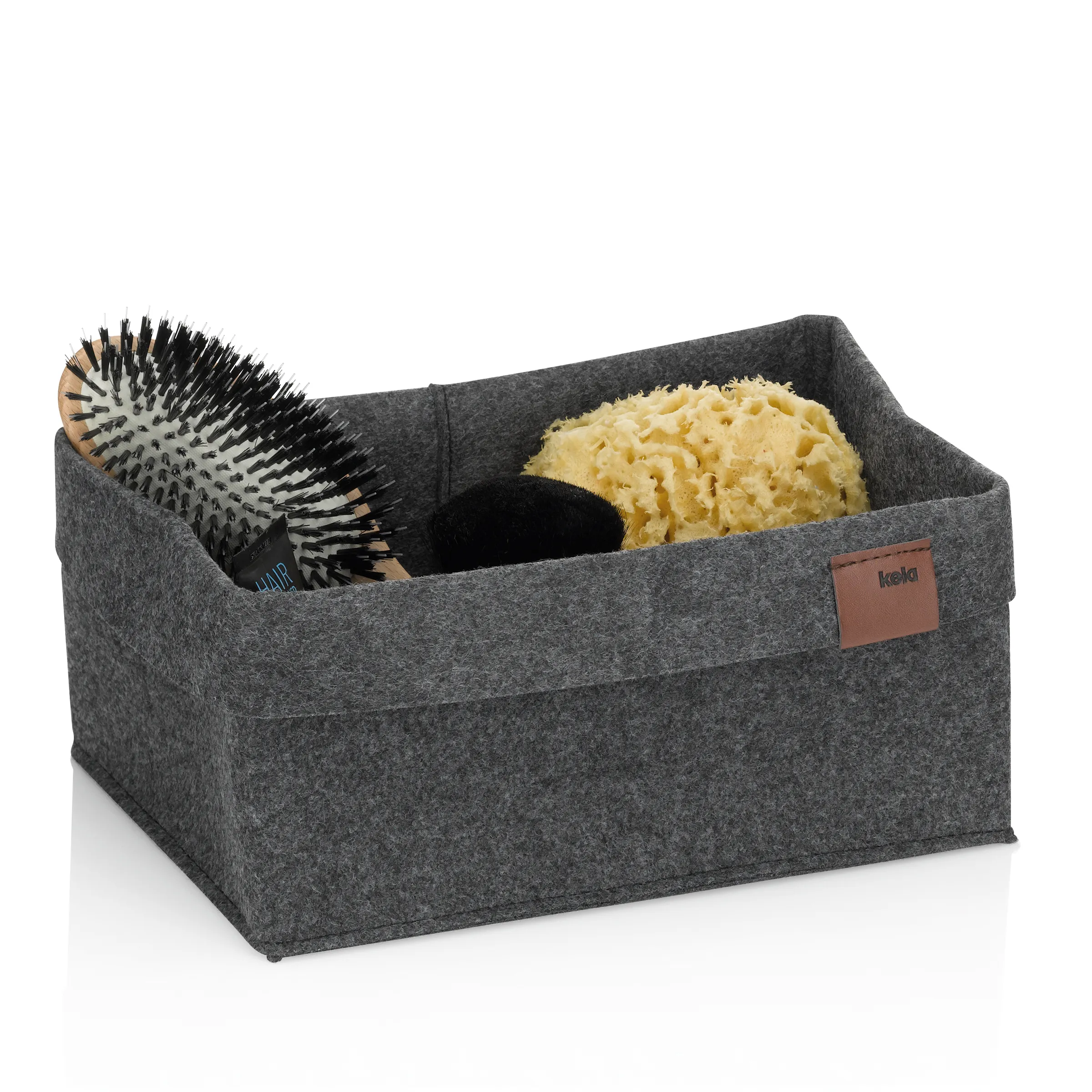 Filz Aufbewahrungsbox für Haarpflege-Zubehör Graue Filz-Aufbewahrungsbox mit Lederlogo enthält Haarbürste, gelben Schwamm und schwarze Schere