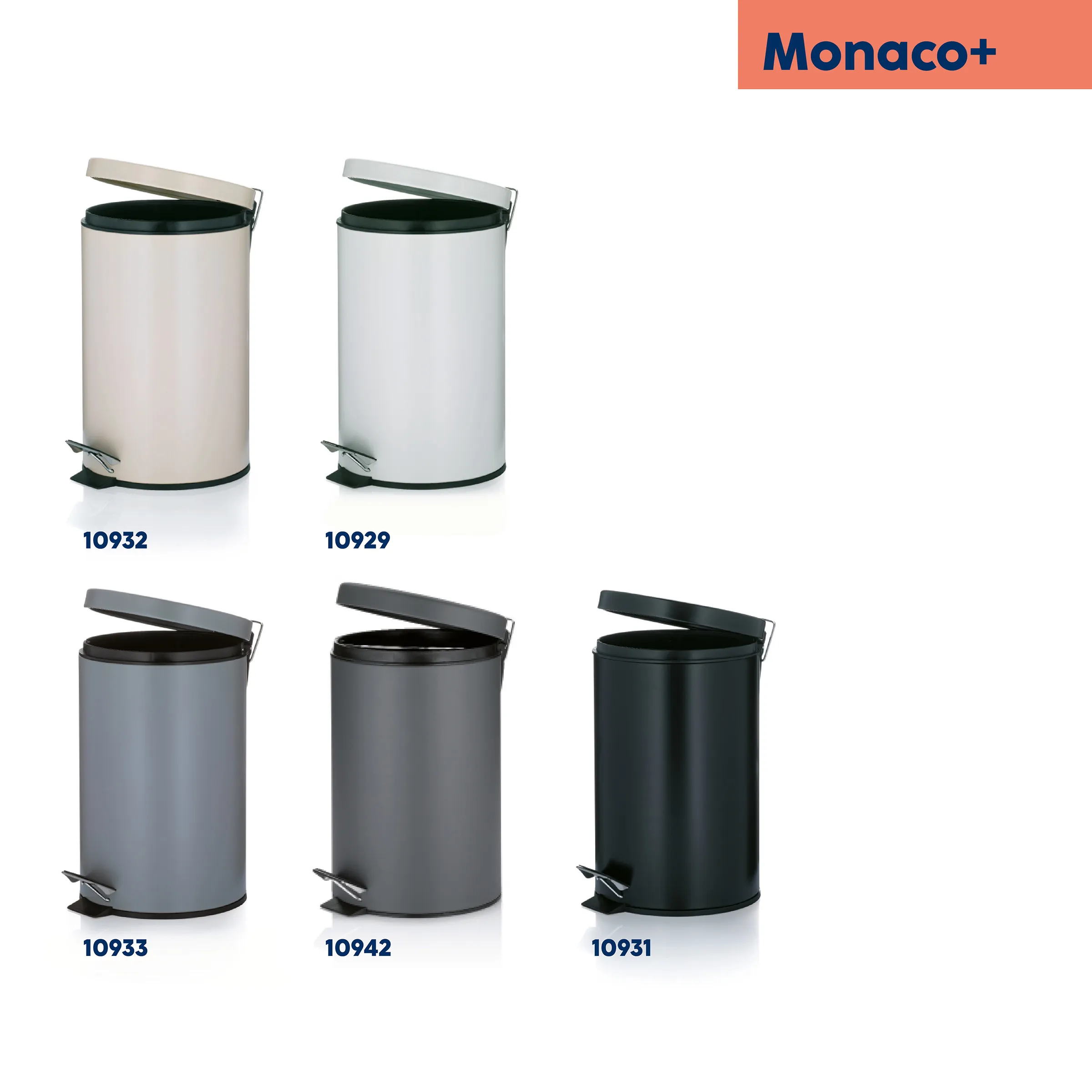 Monaco+ Tretabfalleimer in verschiedenen Farben – Mülleimer mit Pedal Monaco+ Tretabfalleimer in fünf Farben: beige, weiß, hellblau, anthrazit und schwarz, mit Pedal und Deckel