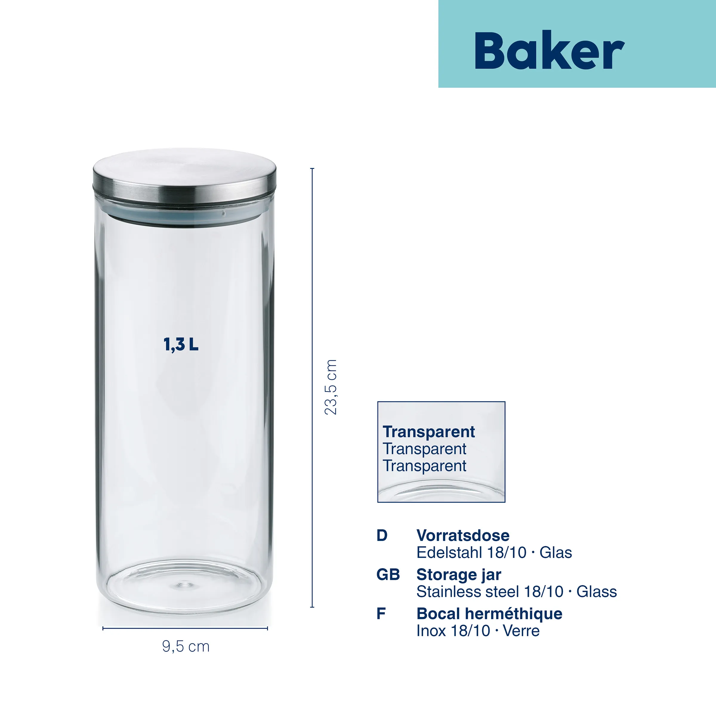 Vorratsdose Glas mit Edelstahldeckel 1,3L - luftdicht & transparent Transparente Vorratsdose aus Glas mit Edelstahldeckel, 1,3L Fassungsvermögen, 23,5 cm hoch, 9,5 cm Durchmesser