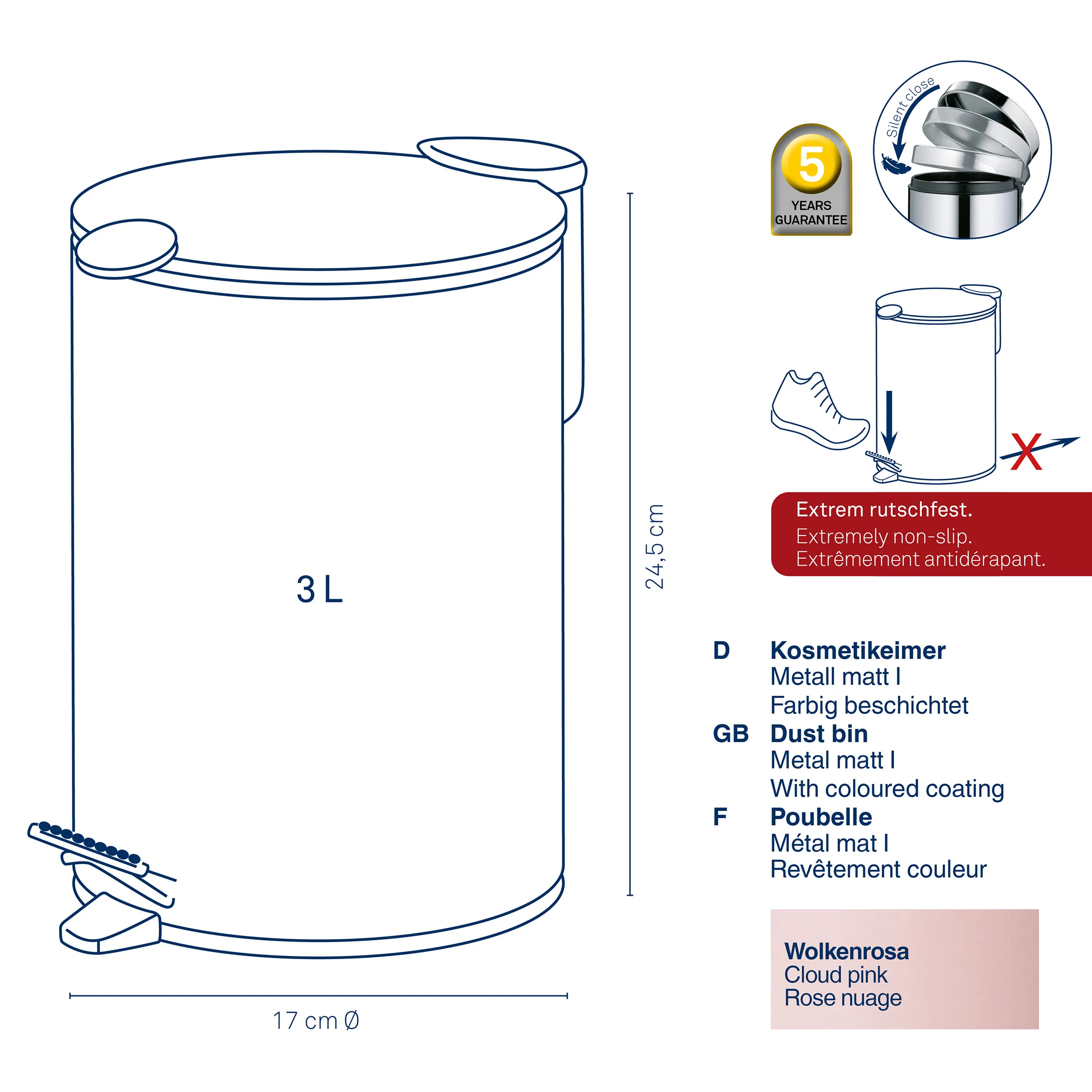 Kosmetikeimer 3L Wolkenrosa mit Fußpedal und rutschfester Beschichtung 3L Kosmetikeimer Wolkenrosa mit Fußpedal, 24,5 cm hoch, 17 cm Durchmesser, rutschfeste Beschichtung, 5 Jahre Garantie