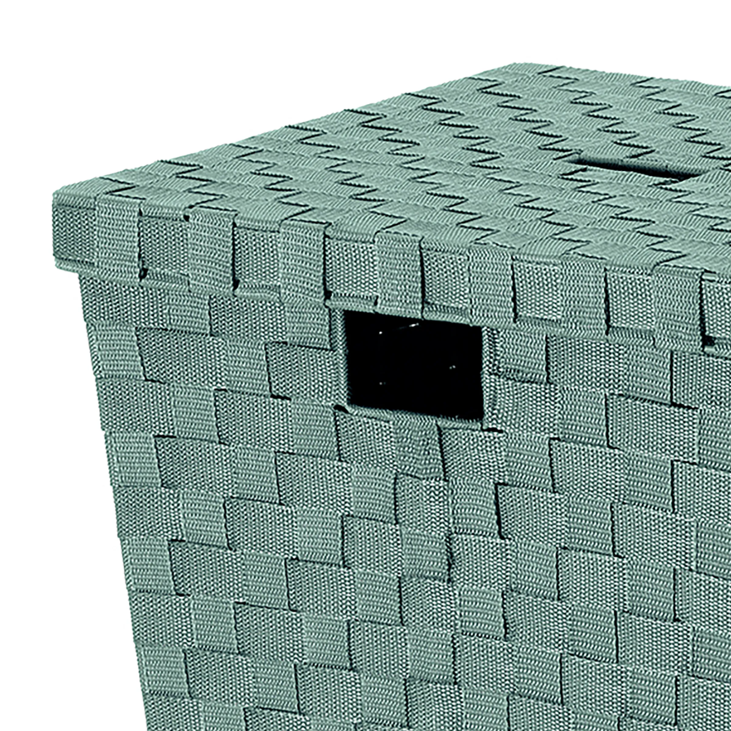 Geflochtene Aufbewahrungsbox mit Deckel - Mintgrün Mintgrüne geflochtene Aufbewahrungsbox mit Deckel und schwarzem Etikettenhalter