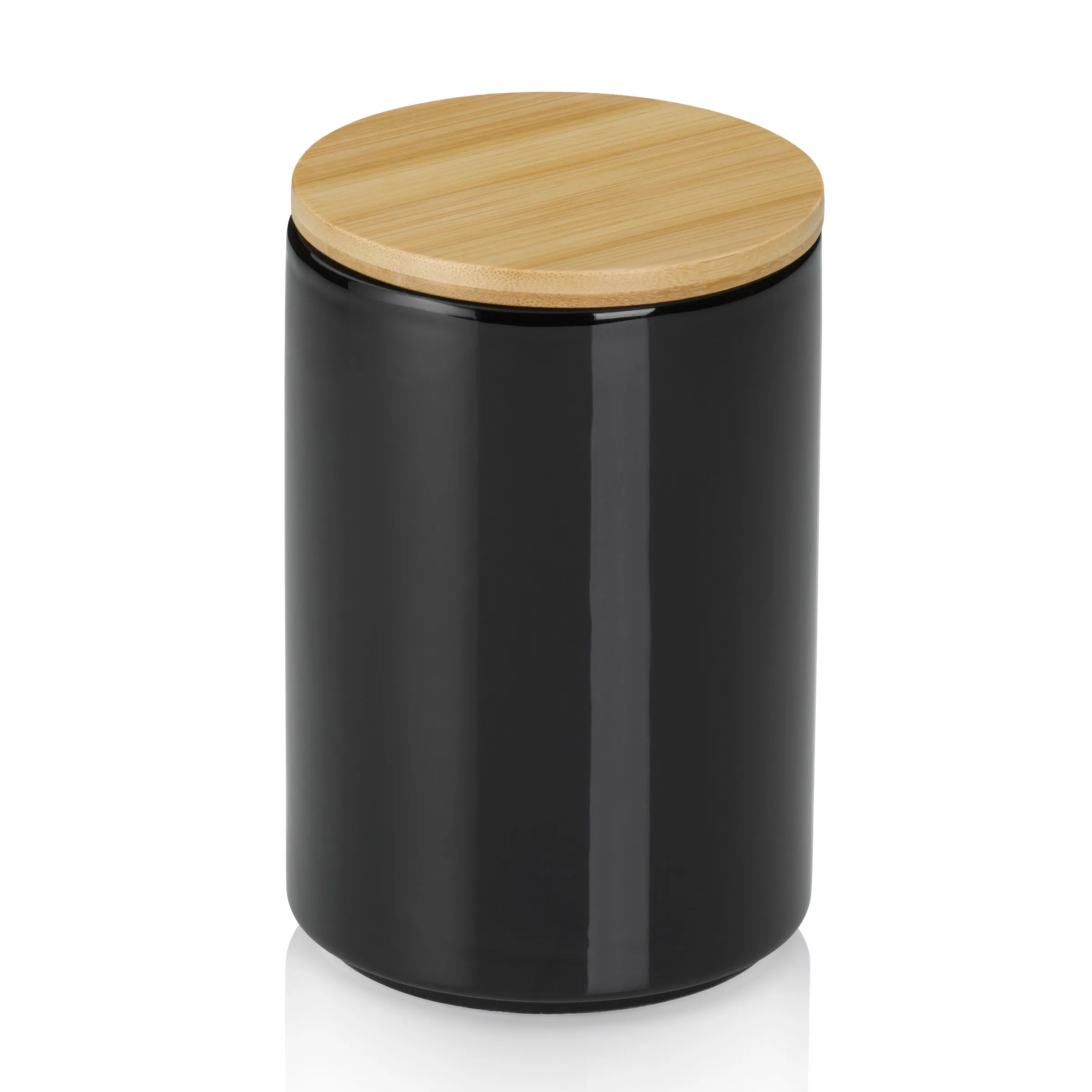 Keramik Vorratsdose mit Holzdeckel schwarz Schwarze Keramik-Vorratsdose mit Holzdeckel, zylindrische Form, modernes Design für Küche.