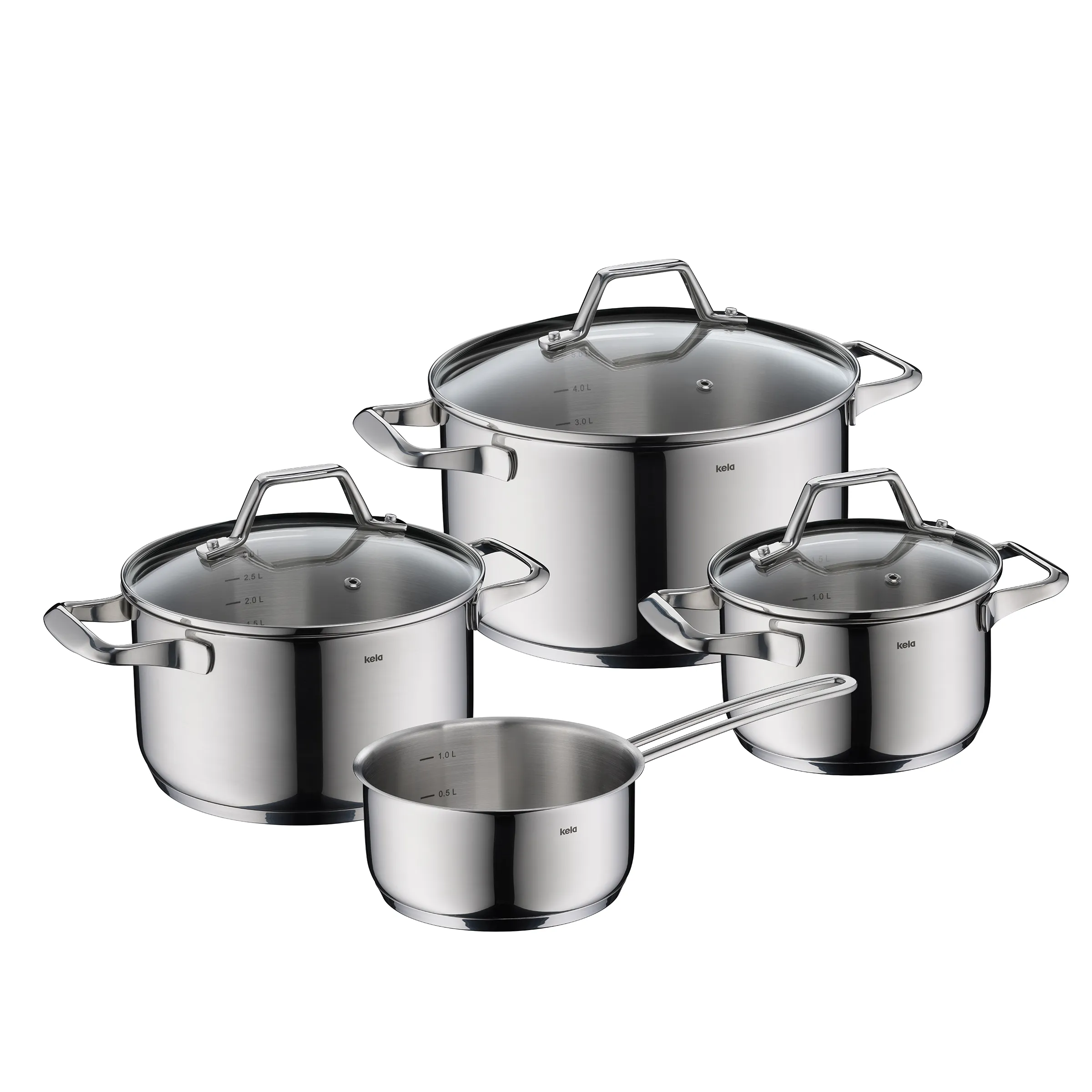 KELA Cookware Set Stainless Steel 5-Piece Kitchenware Stainless steel cookware set with three pots, one pan and glass lids by KELA