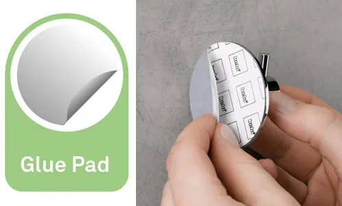 Glue Pad wiederverwendbare Klebepads Glue Pad Produktbild zeigt grünes Logo und weiße Klebepads in einer Hand auf grauem Hintergrund.