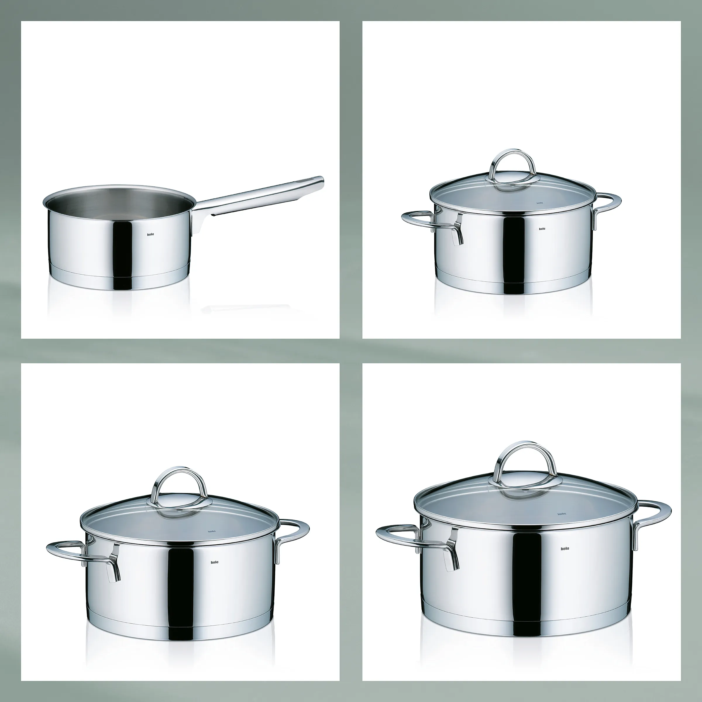 Kela Edelstahl Kochtopf-Set mit Glasdeckeln - Topfset Induktion Kela Edelstahl Kochtopf-Set mit Glasdeckeln und Stielkasserolle auf weißem Hintergrund