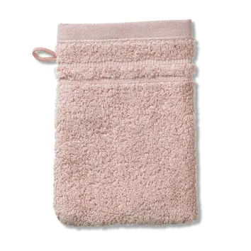 Rosa Waschlappen aus Frottee mit Schlaufe zum Aufhängen, strukturierter Oberfläche und gestreiftem Saum.
