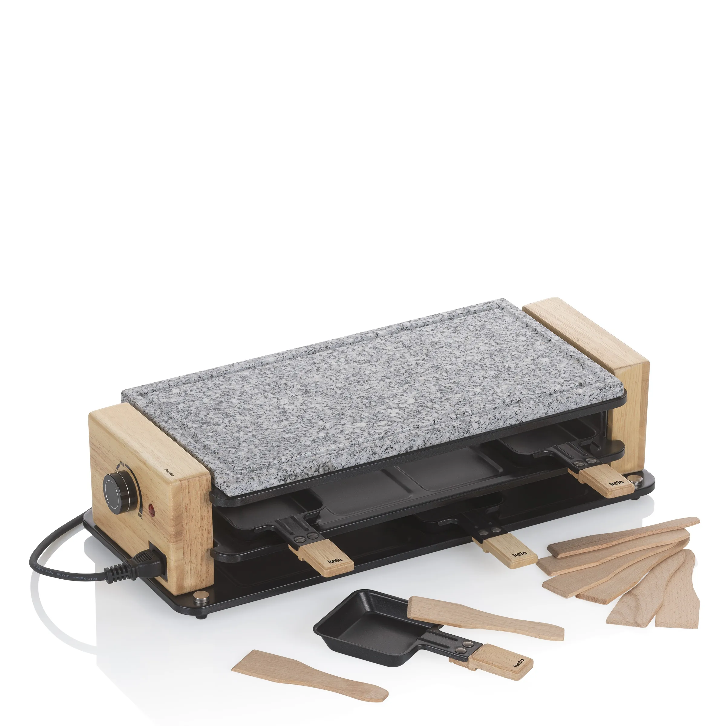Raclette Grill Set mit Granitplatte und Zubehör Raclette-Grill mit Granitplatte, Holzrahmen, schwarzem Untergestell und verschiedenen Holz-Spachteln sowie Pfännchen