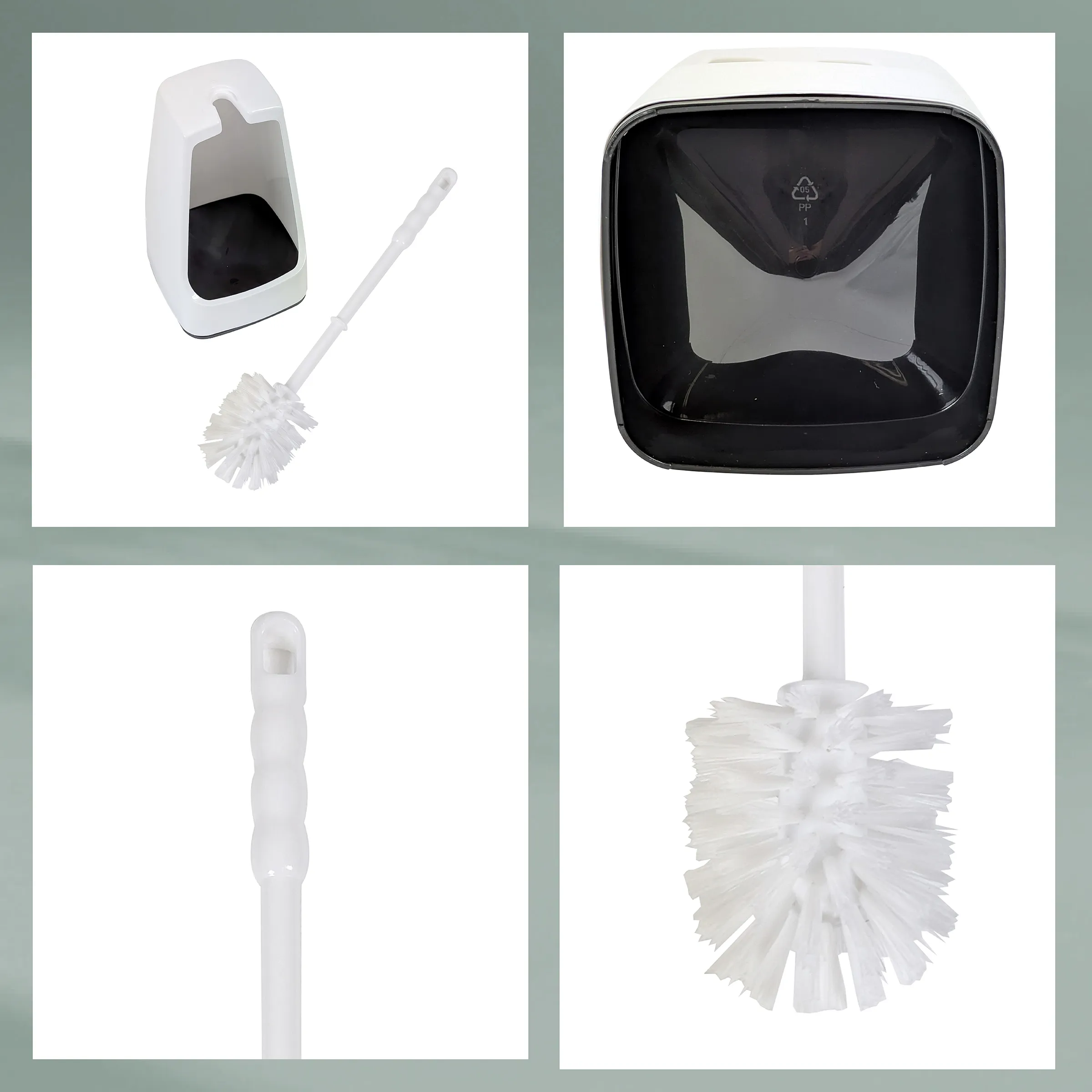 Toilettenbürsten-Set - Badezimmer Reinigung mit austauschbaren Köpfen Toilettenbürsten-Set mit weißem Behälter, schwarzem Innenteil und austauschbaren Bürstenköpfen in verschiedenen Größen
