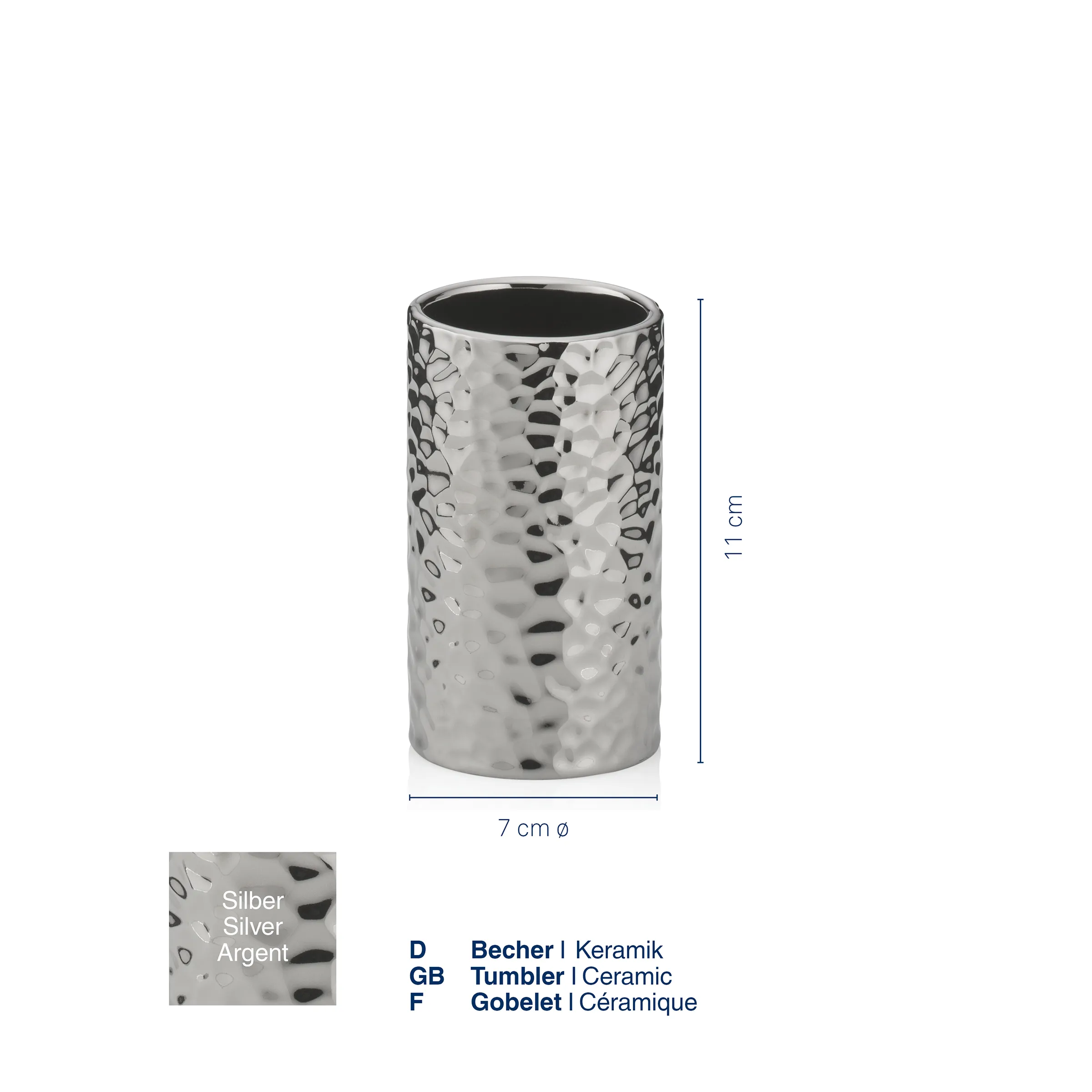 Silberner Keramik-Becher mit strukturierter Oberfläche, Höhe 11 cm, Durchmesser 7 cm