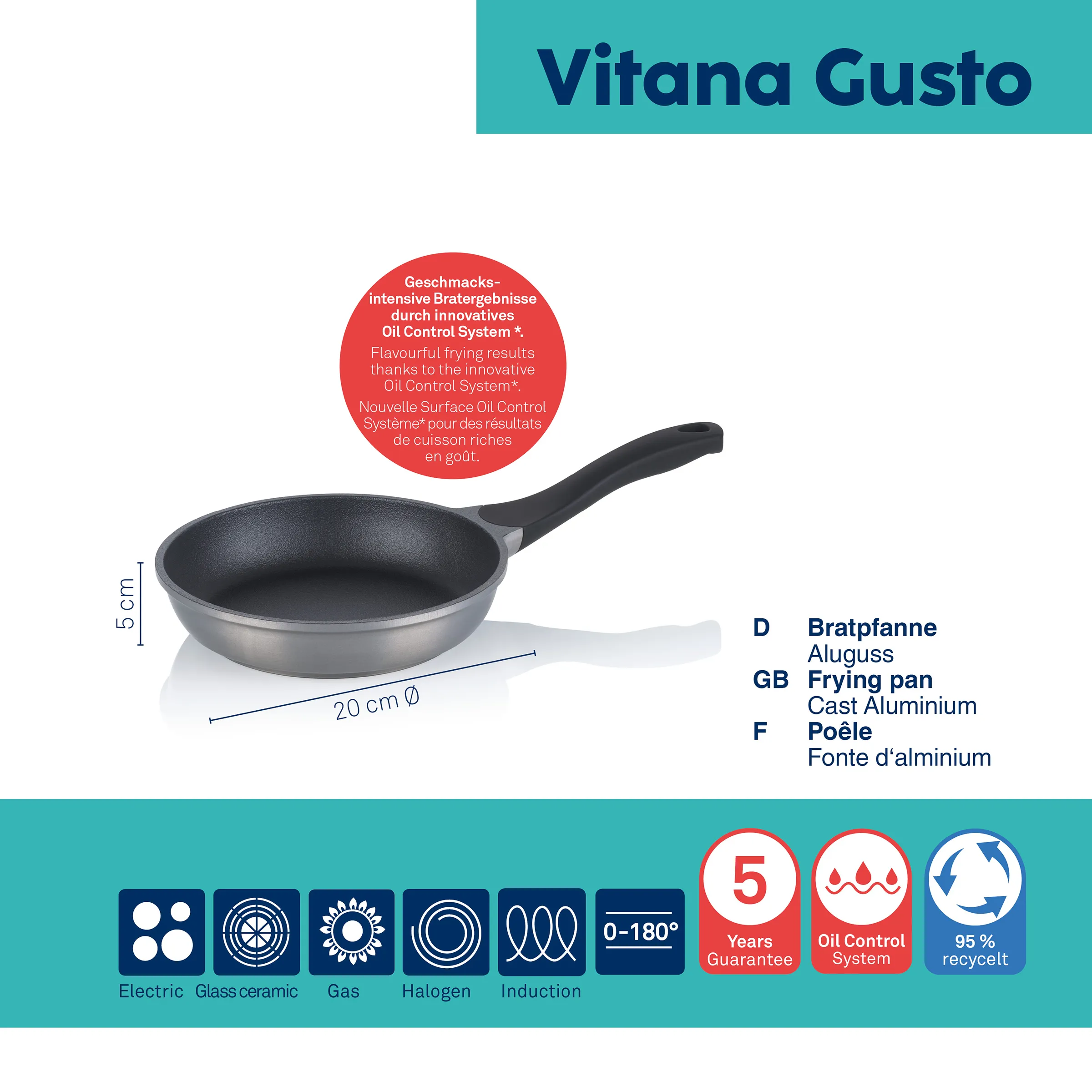 Vitana Gusto Bratpfanne Aluguss 20 cm mit Oil Control System, 5 Jahre Garantie, für alle Herdarten