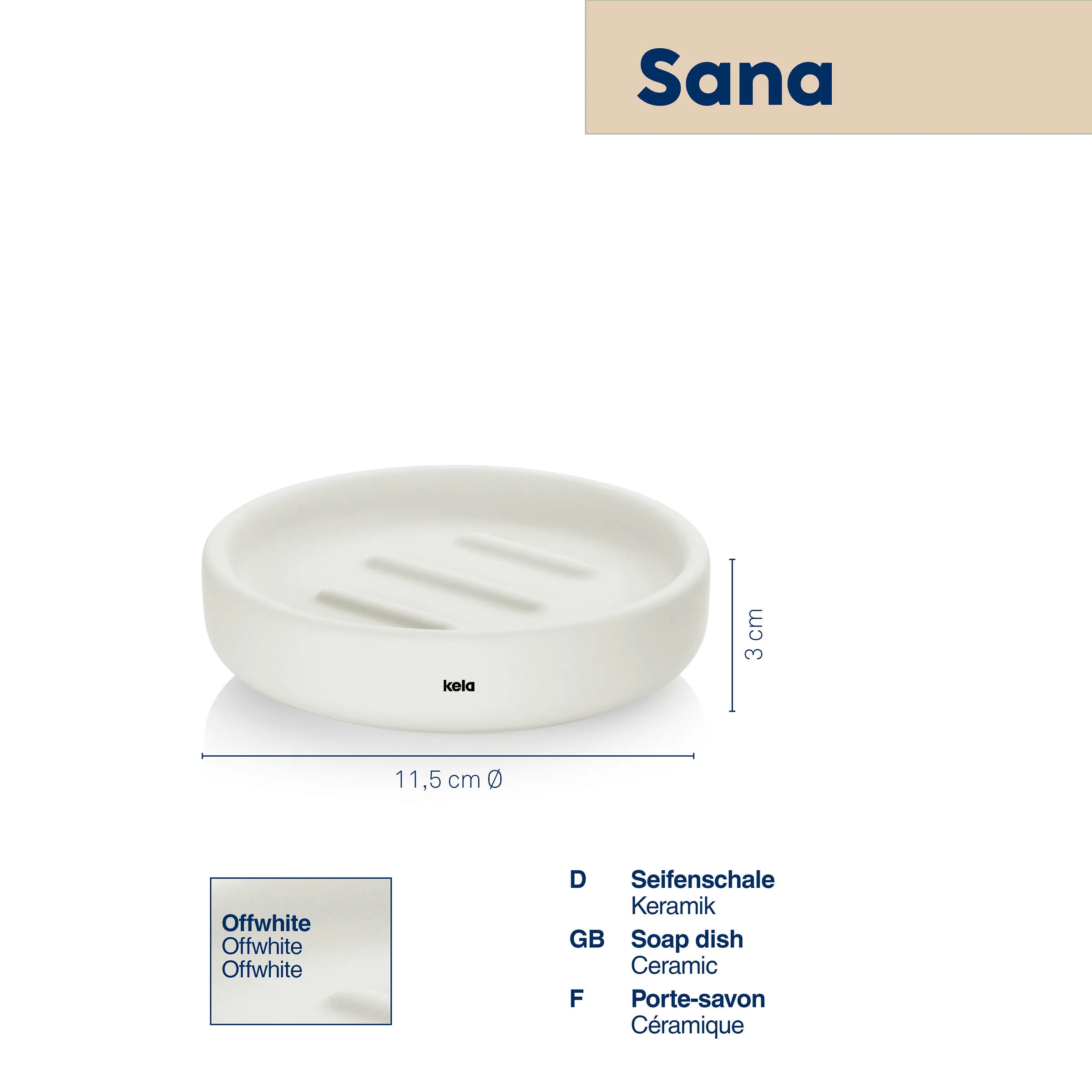 Sana Seifenschale Keramik Offwhite - Keramik Seifenablage rund Sana Seifenschale aus cremefarbener Keramik, rund mit Rillen, 11,5 cm Durchmesser, 3 cm Höhe