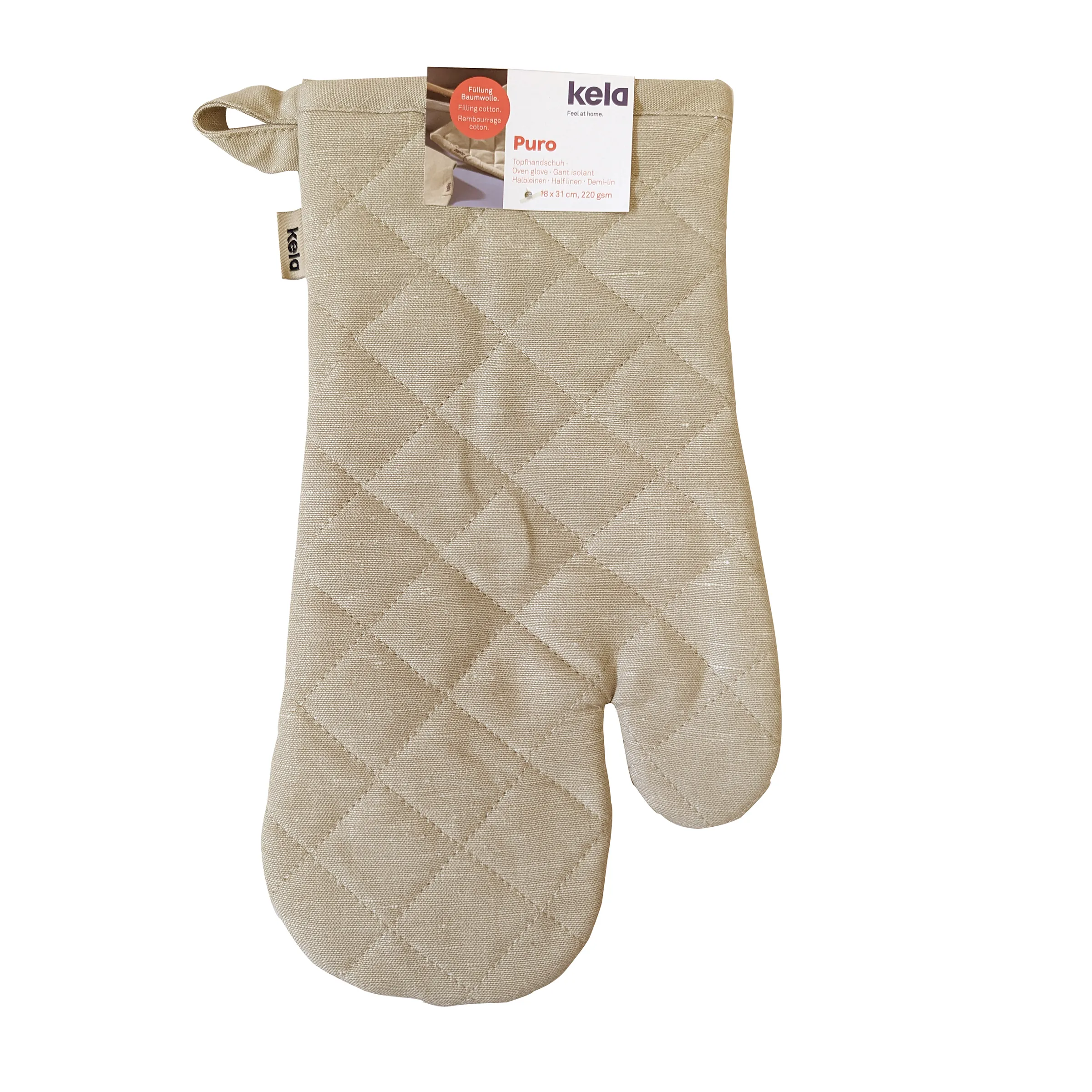 Kela Puro Ofenhandschuh Beige - Gesteppter Topfhandschuh mit Aufhänger Kela Puro Ofenhandschuh in natürlichem Beige mit Rautensteppung und Aufhängeschlaufe