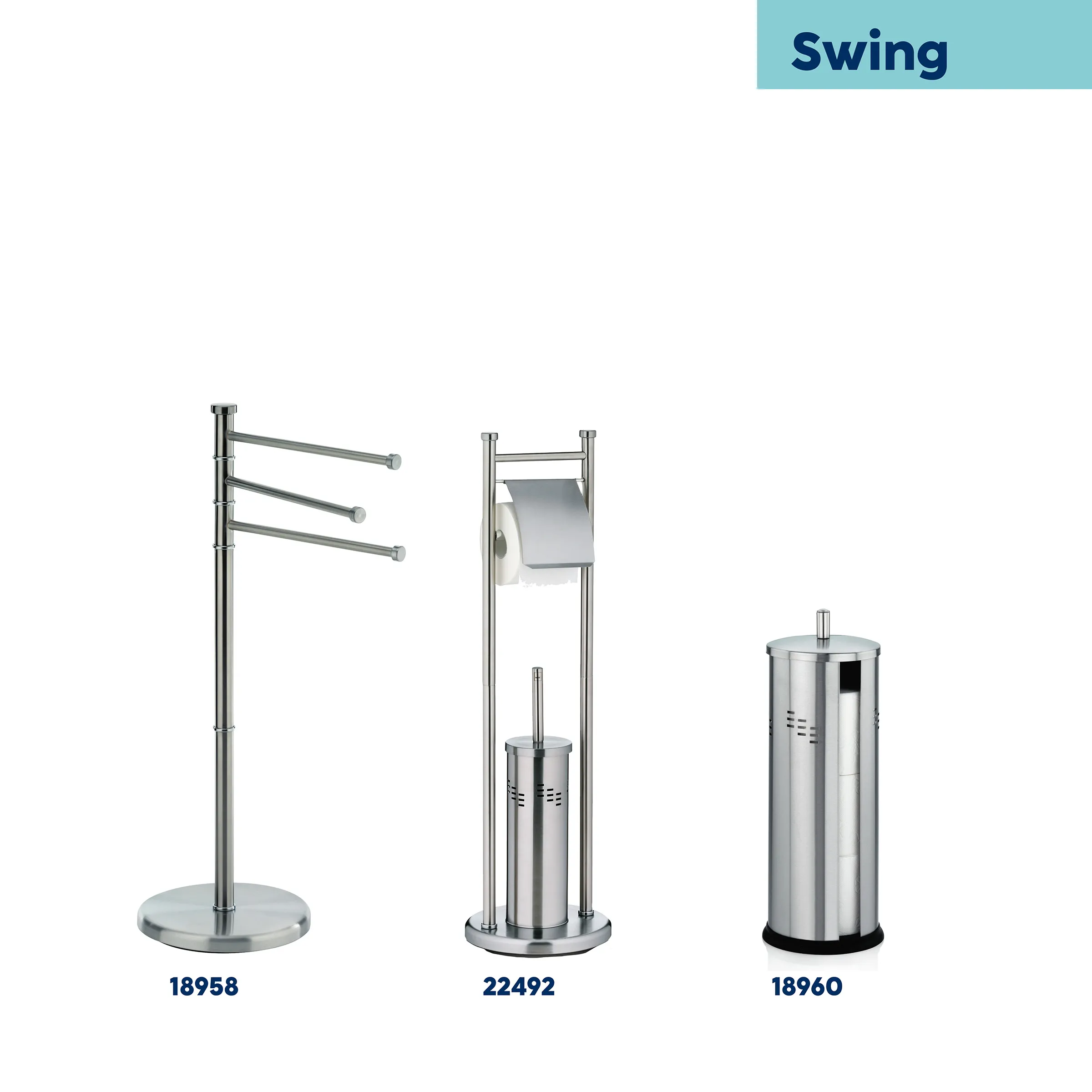 Swing Badezimmer-Accessoires Set Edelstahl - Handtuchhalter, WC-Garnitur, WC-Bürste Swing Badezimmer-Set aus Edelstahl: Handtuchständer, WC-Garnitur und WC-Bürstenhalter in moderner Optik