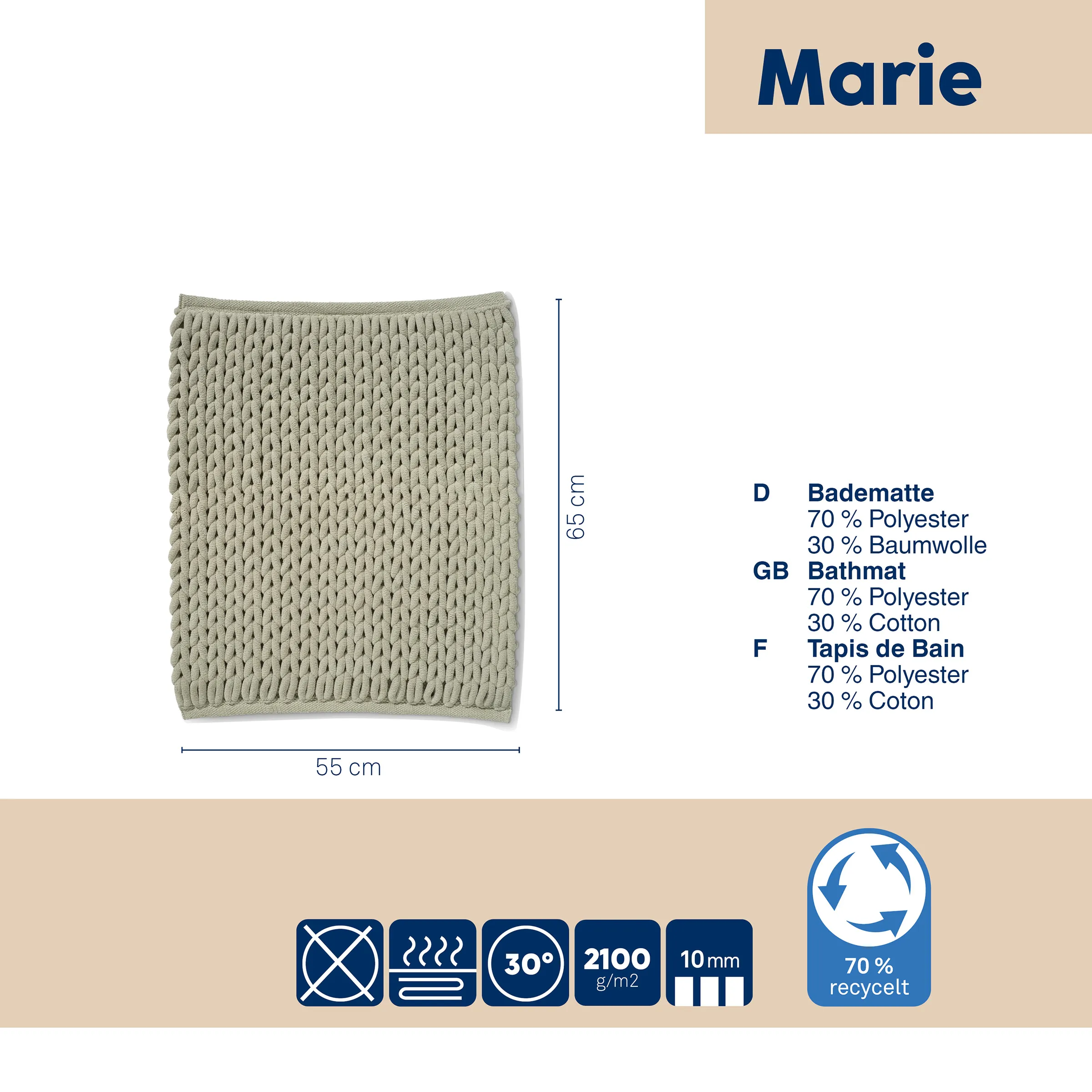 Marie Badematte Salbei-Grün 55x65cm – Badteppich aus Polyester-Baumwolle recycelt Marie Badematte in Salbei-Grün, 55x65 cm, gewebte Struktur, 70% Polyester 30% Baumwolle, waschbar bei 30°