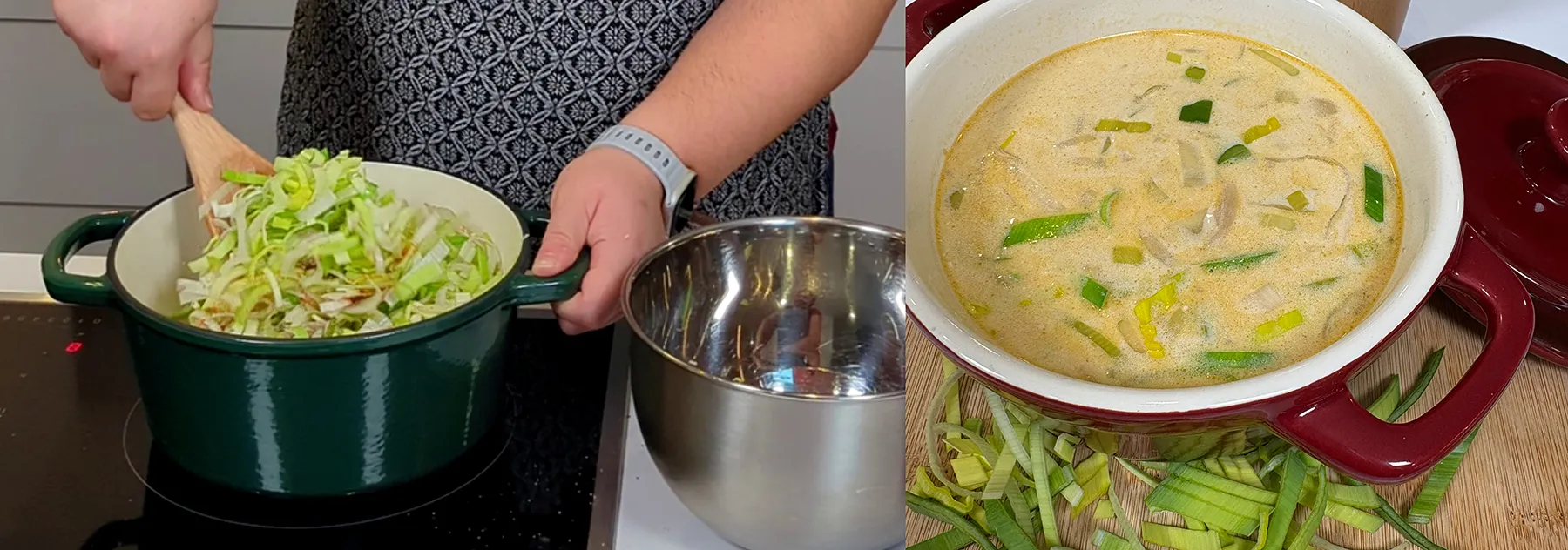 Lauchsuppe kochen - Rezept mit frischem Gemüse und Kräutern Person kocht Lauchsuppe in grünem Topf, daneben eine Schüssel mit fertiger Suppe und frischem Lauch