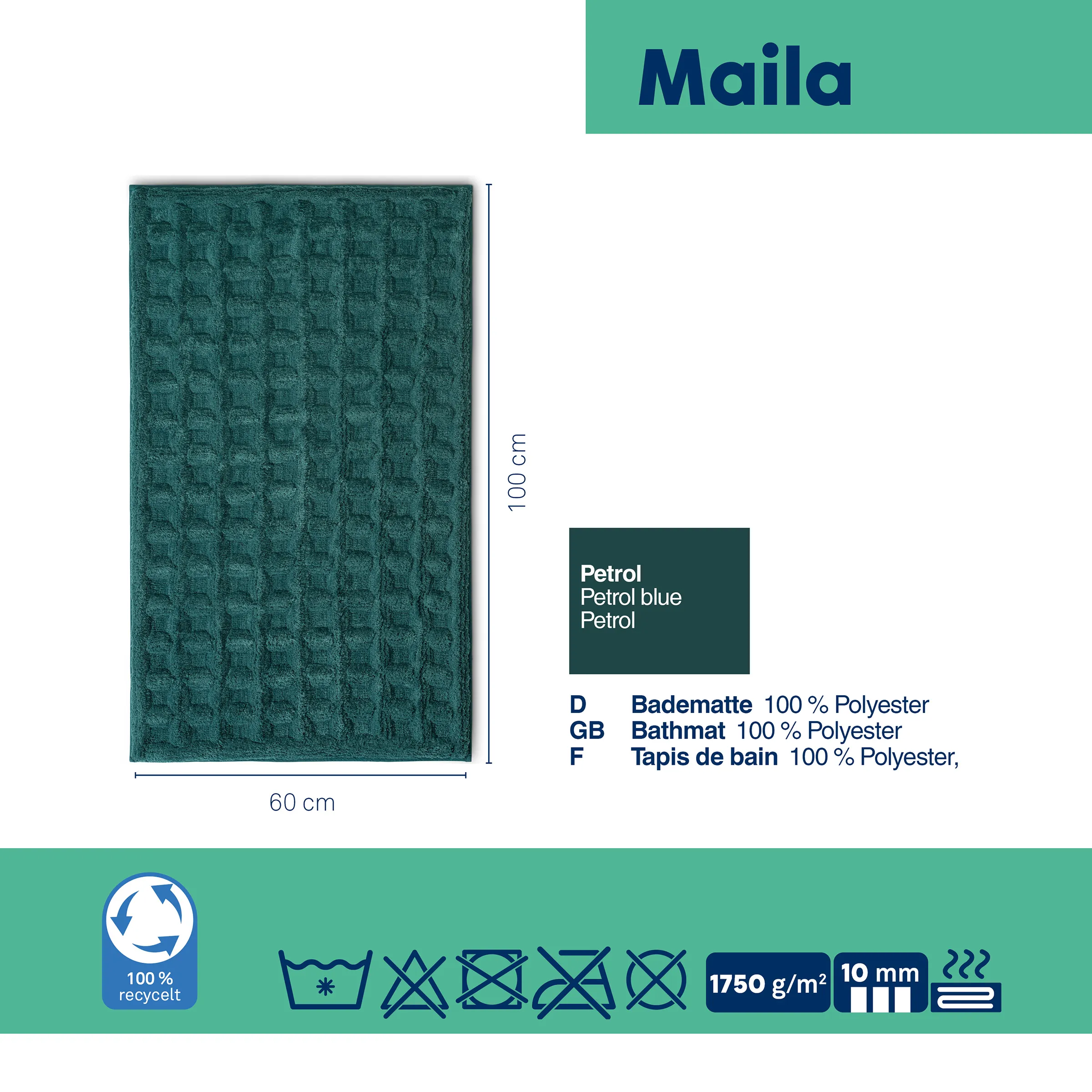 Maila Badematte Petrol 60x100 cm - 100% Polyester Petrol-farbene Badematte Maila aus 100% Polyester, 60x100 cm, mit strukturiertem Muster